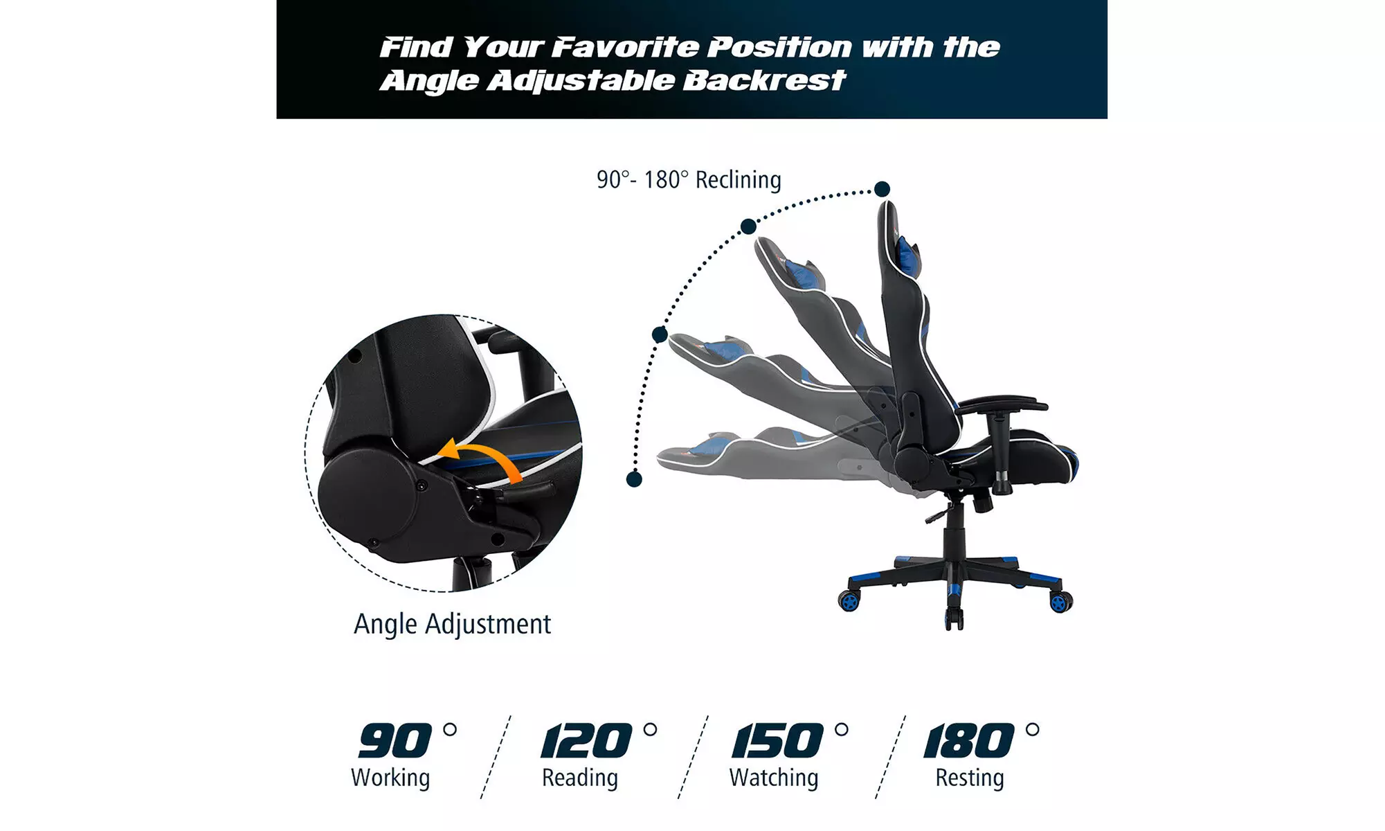 Reclining Massage Gaming Chair with Lumbar Support and Headrest