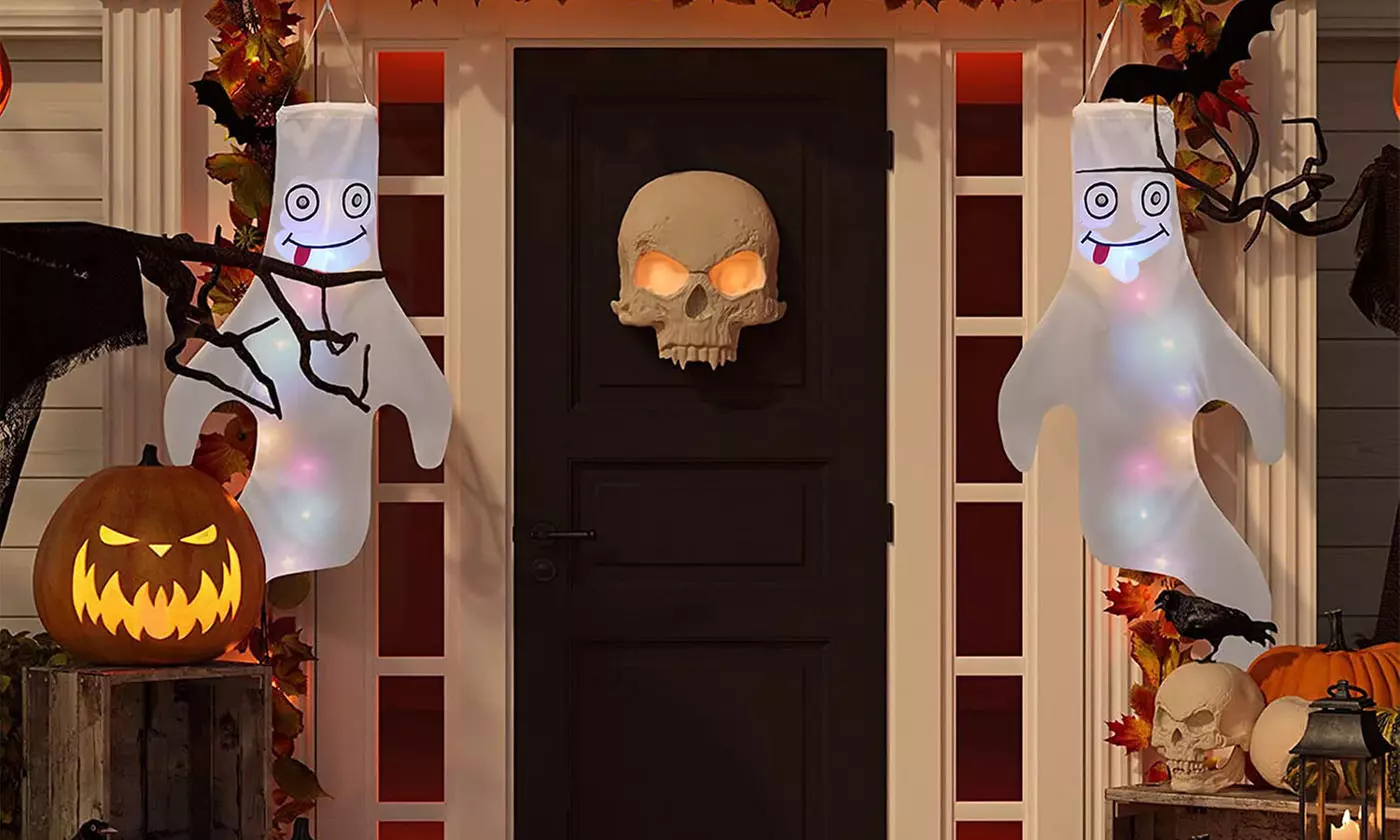 2Pcs Halloween LED Glowing Flying Ghosts, Cute Hanging Ghosts Indoor & Outdoor