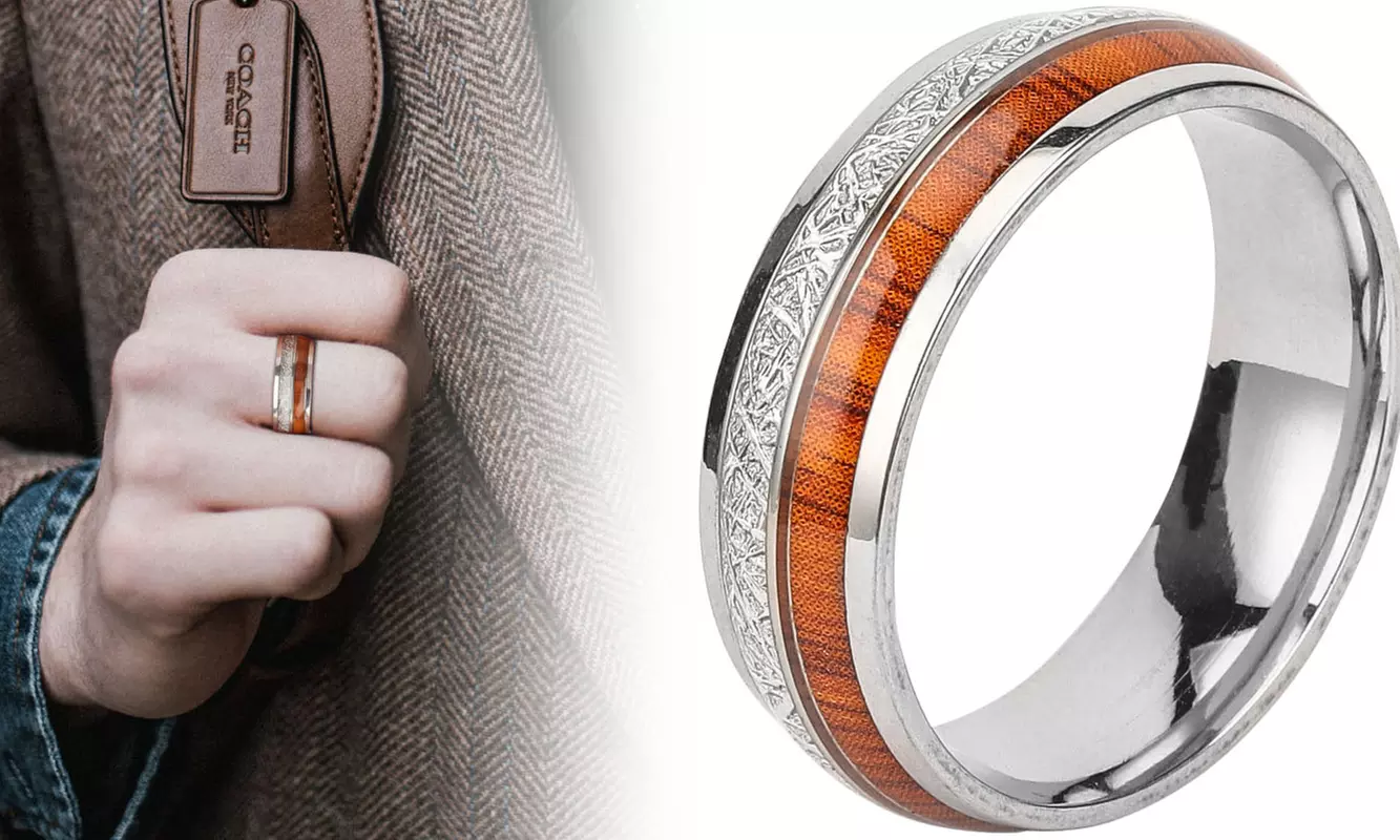 Silver Whiskey Barrel Ring Wooden Meteorite Wedding Engagement Band Ring