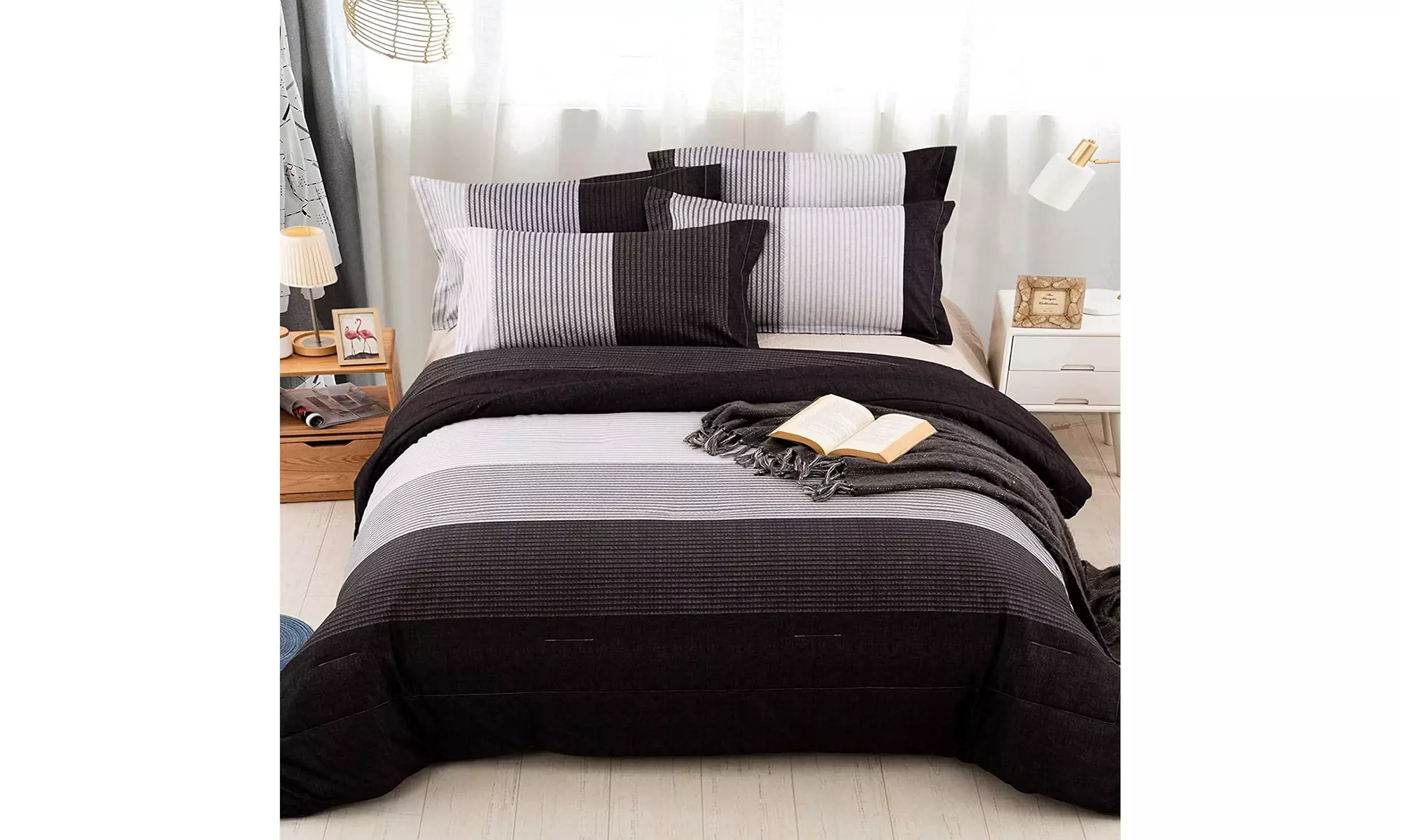 Purple Comforter Set Striped Patchwork Down Alternative Comforte Set - Primary Image