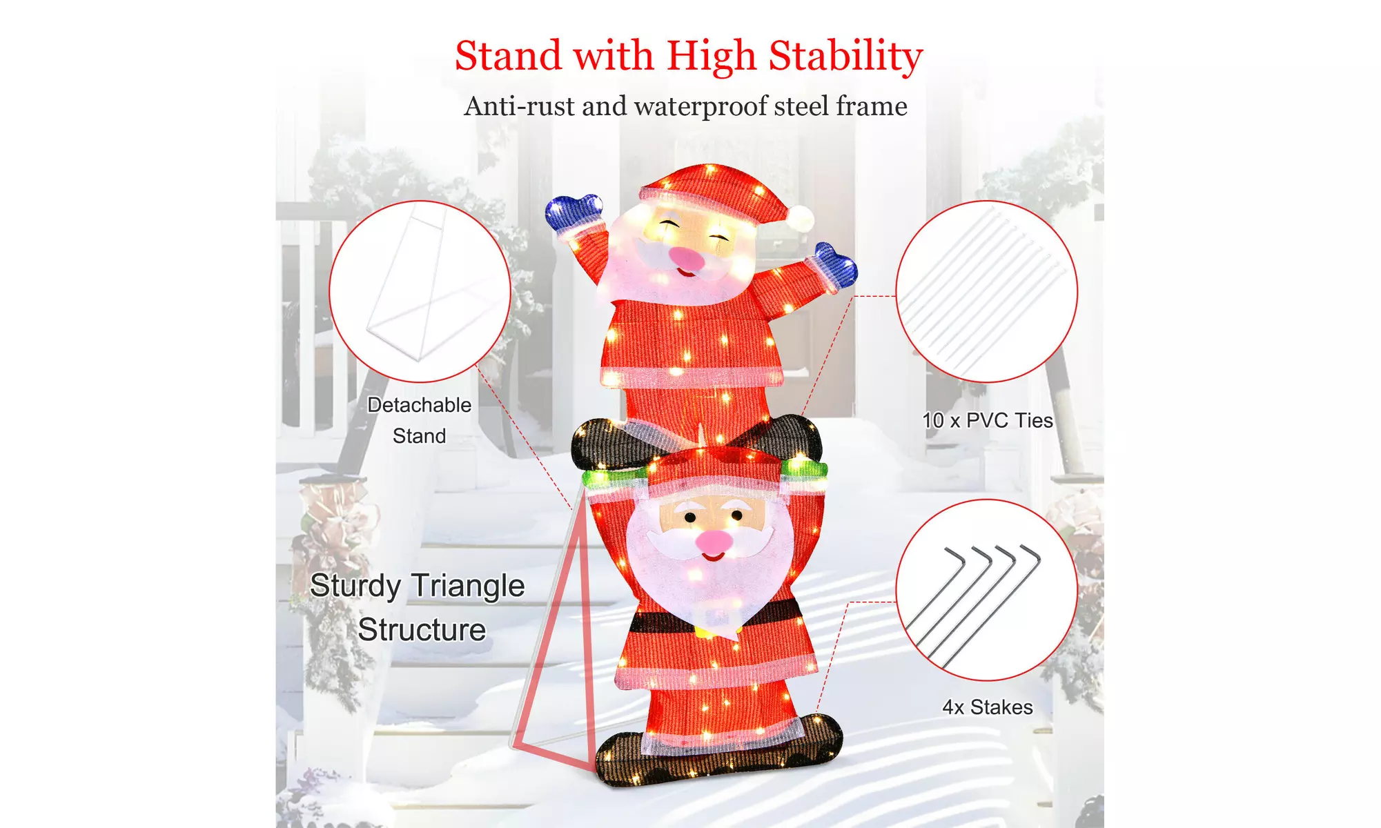 LED Double Santa Yard Sign Santa Christmas Decoration W/ String Lights & Stakes