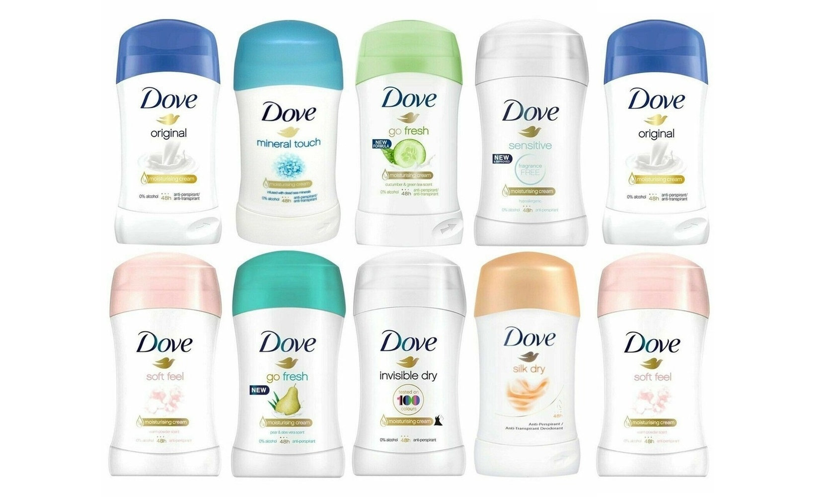10 Pack: Dove Anti Perspirant Deodorant Roll on Stick Mix