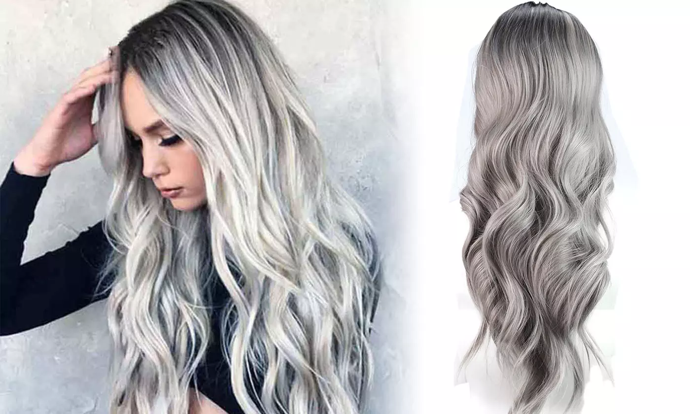 Silver Gray Two Tones Synthetic Long Nature Wave Heat Resistant Wig Hair - Primary Image