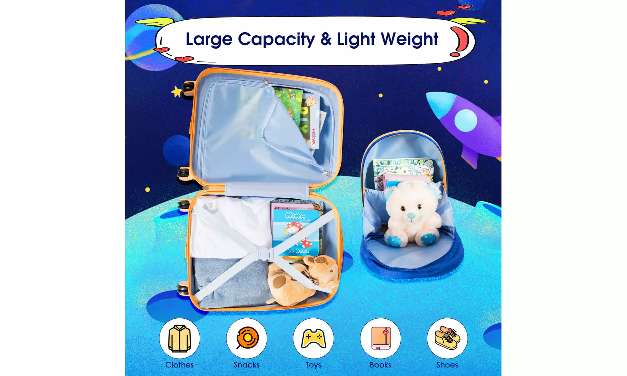 Costway 2PC Kids Luggage Set 18'' Suitcase&12'' Backpack Travel ABS Spaceman