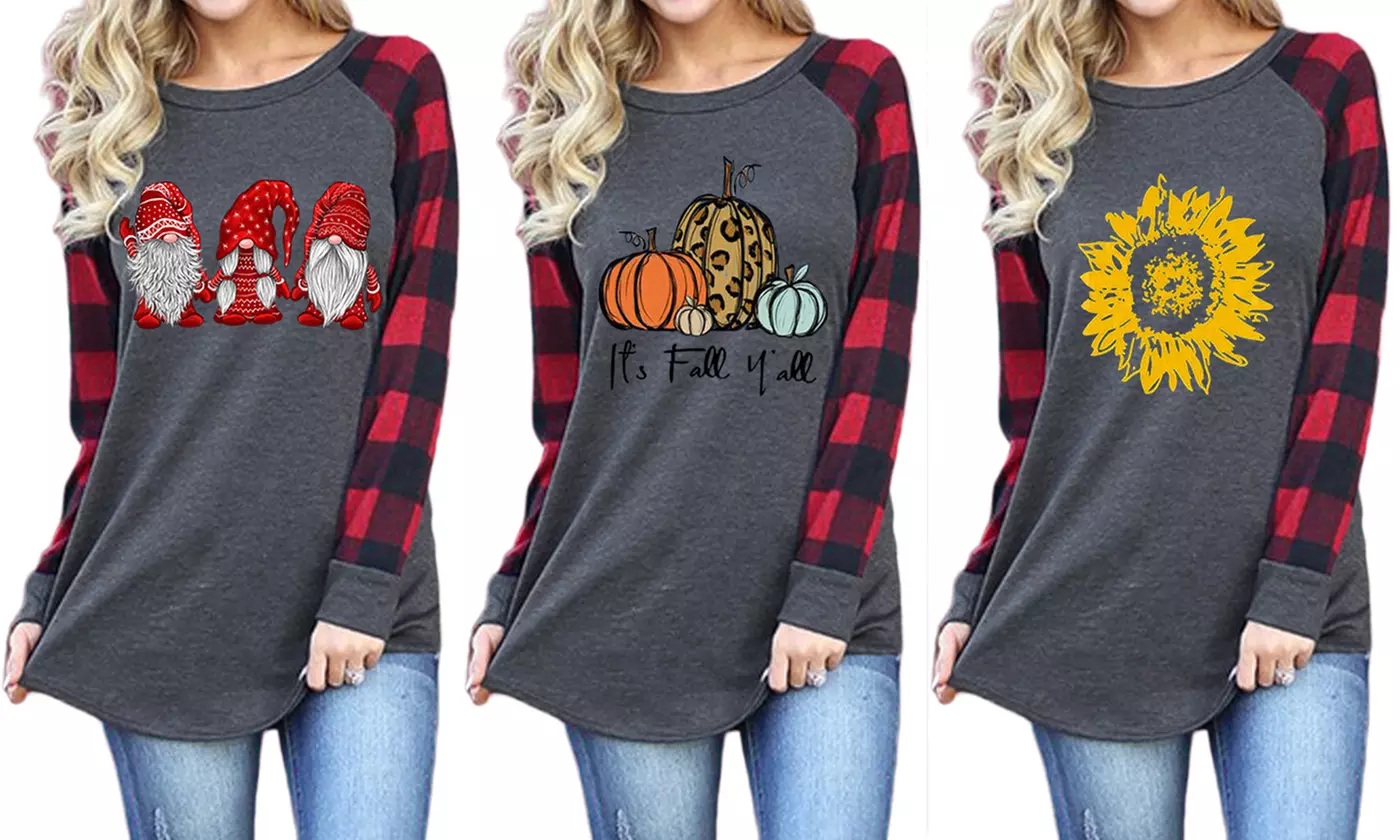 Women's Plaid Raglan Sleeve T-Shirt Printed Long Sleeve Tops Tunic - Primary Image
