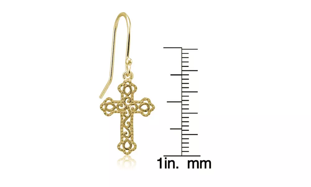 Yellow Gold Flashed 925 Silver Polished Filigree Cross Bottony Dangle Earrings 