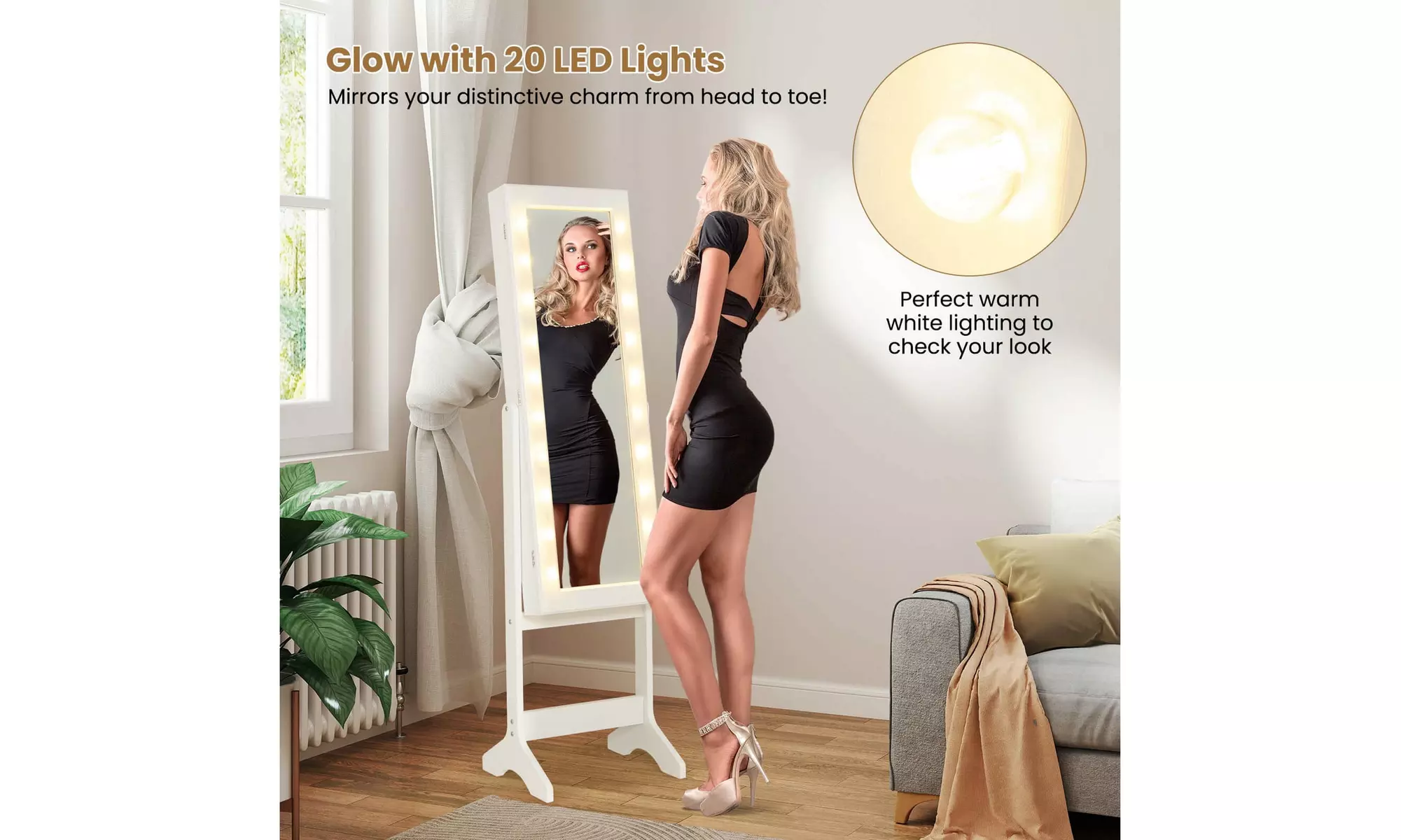 Costway Full-Length LED Mirror Jewelry Cabinet with 20 LED Lights