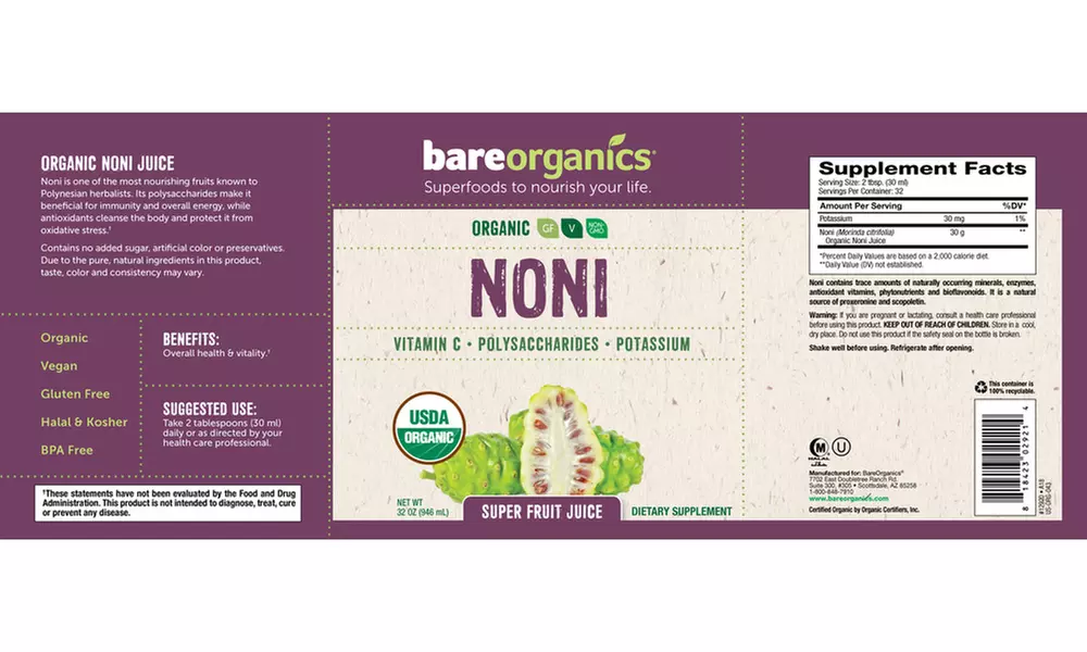 BareOrganics Noni Juice (Organic) (32oz) 946ml - Second Medium