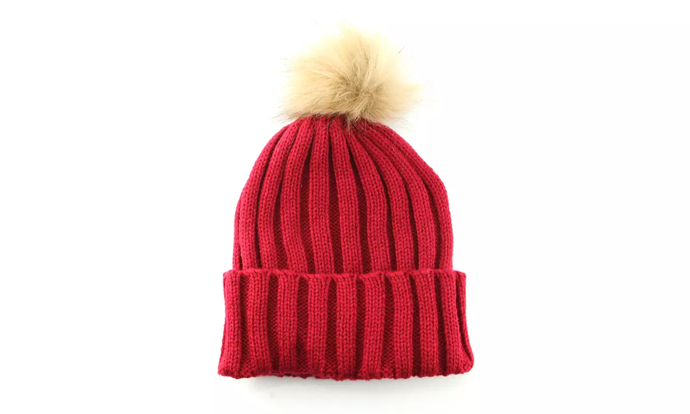 Warm Winter Kids Knitted Skull Cap Faux Fur Pom Beanie