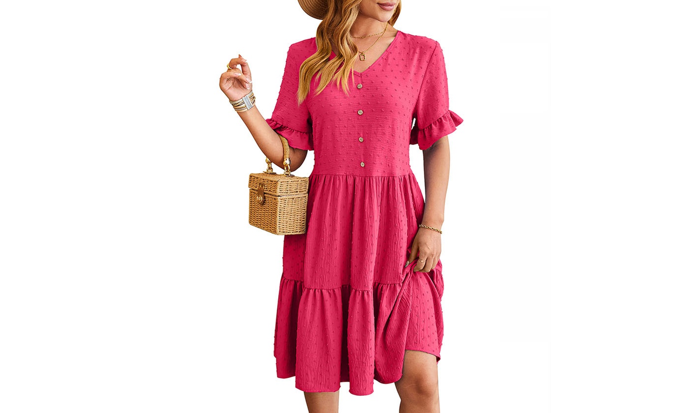 Womens V Neck Short Sleeve Swiss Dot Ruffle Hem Summer Dress 