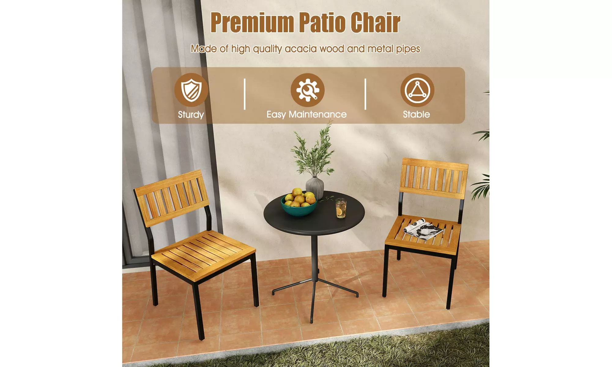 Costway Dining Chair Set of Two Modern Patio Chairs or Acacia Wood Backrest