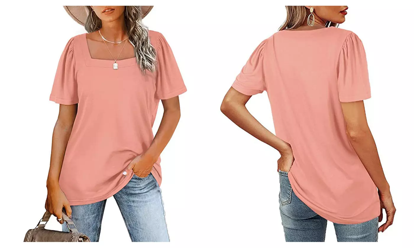 Women Summer Casual Square Neck Puff Sleeve T Shirts Loose Fit Tops - Second Medium