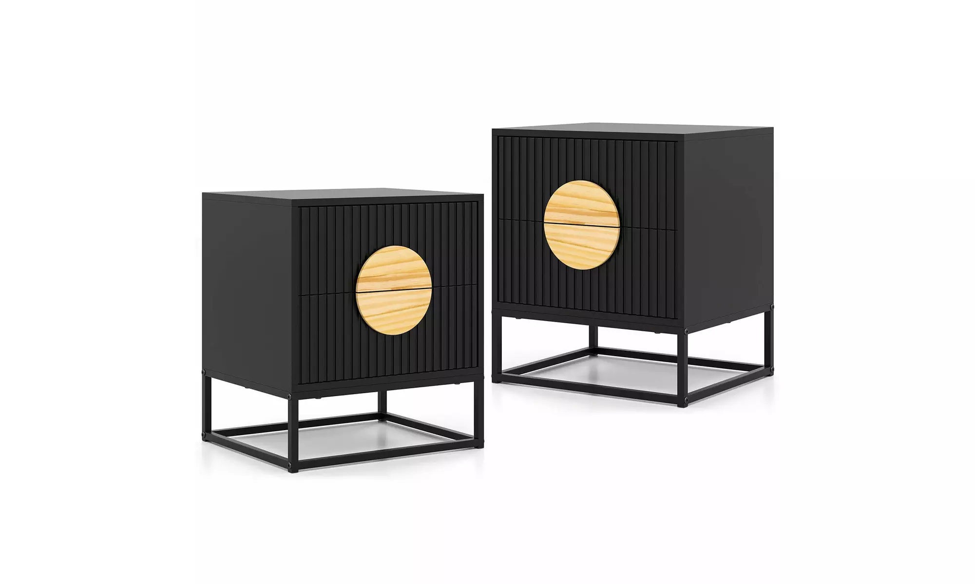 Costway Fluted Nightstand with 2 Drawers with Pine Wood Handles & Metal Frame