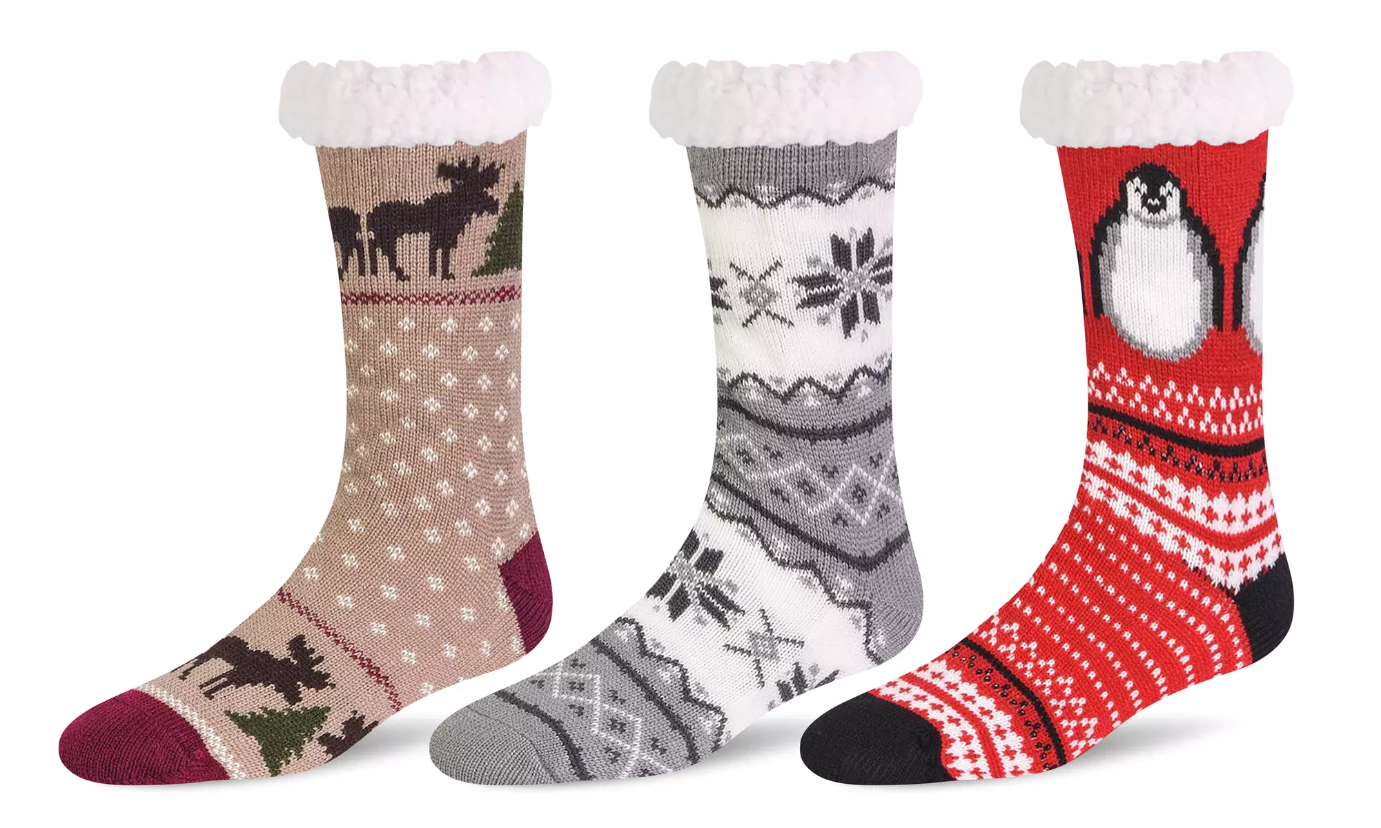 Sherpa-Lined Thermal Crew Socks with Non-Skid Grip (3 Pairs)