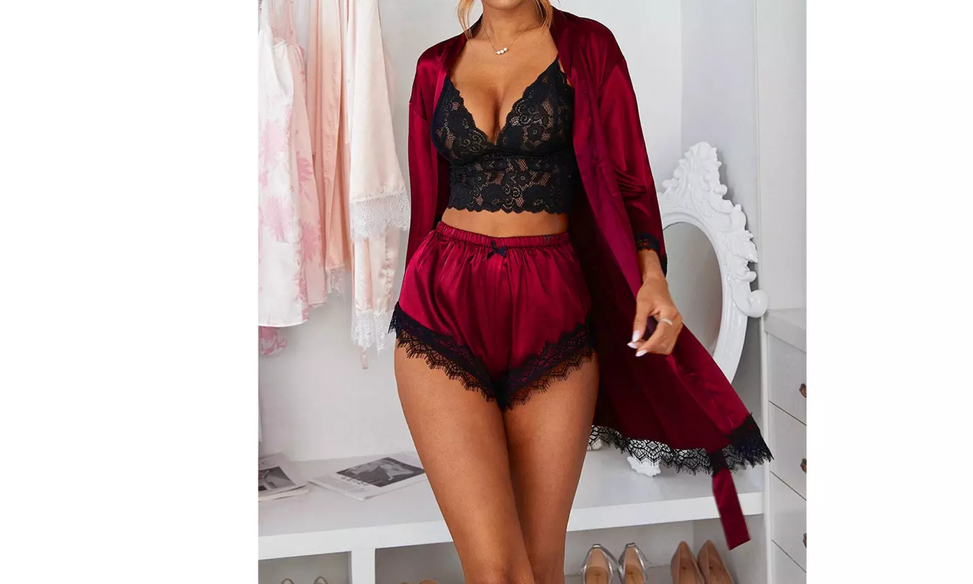 Women's Sexy Lingerie Pajamas Satin Silk Lace Sleepwear Lingerie Set with Robe