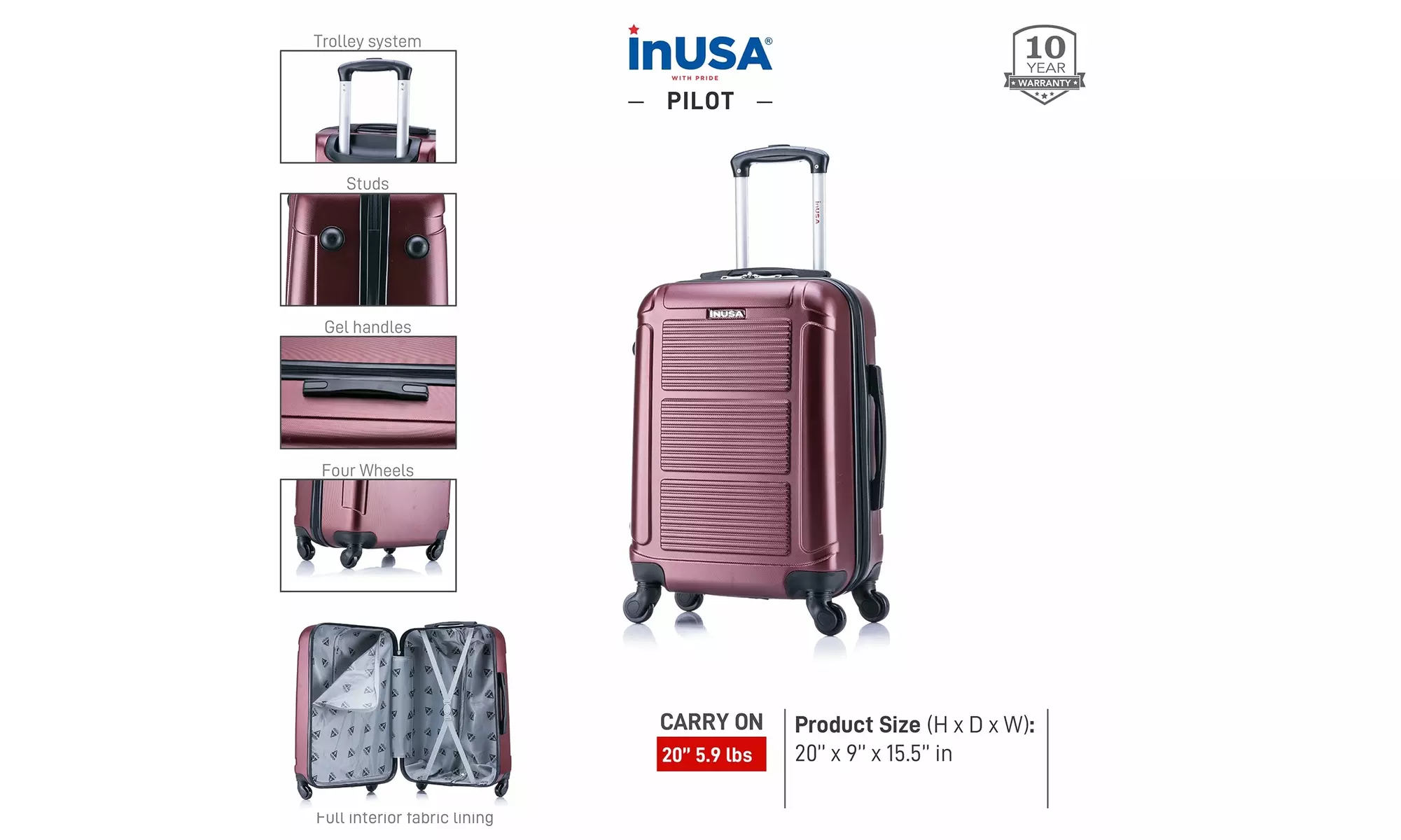 InUSA Pilot Lightweight Hardside Spinner Luggage