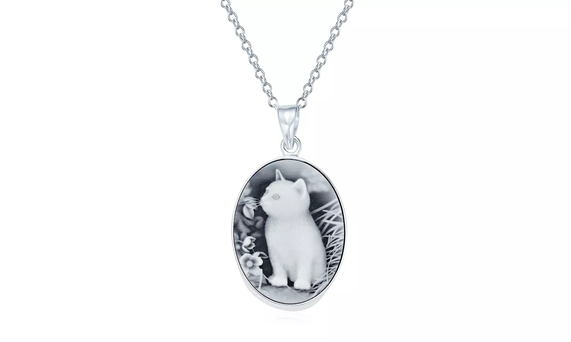 Kitten Pet Cat Cameo Necklace Pendant Sterling Silver - Primary Image
