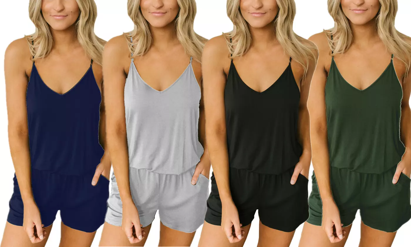 Womens Summer Cami Romper Casual Short Jumpsuits with Pockets - Primary Image