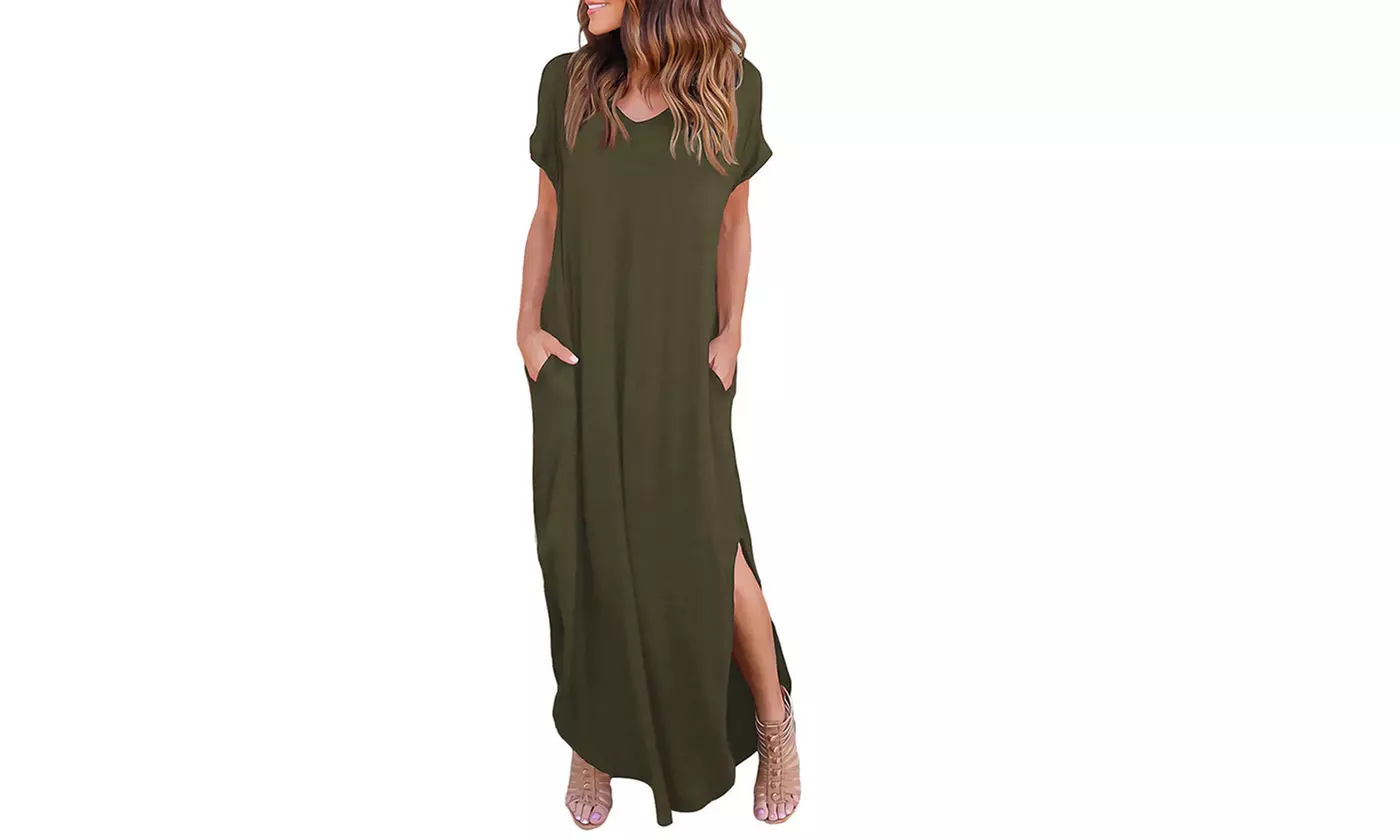 Women's Casual V-Neck Short Sleeve Side Slit Maxi Dress with Pockets