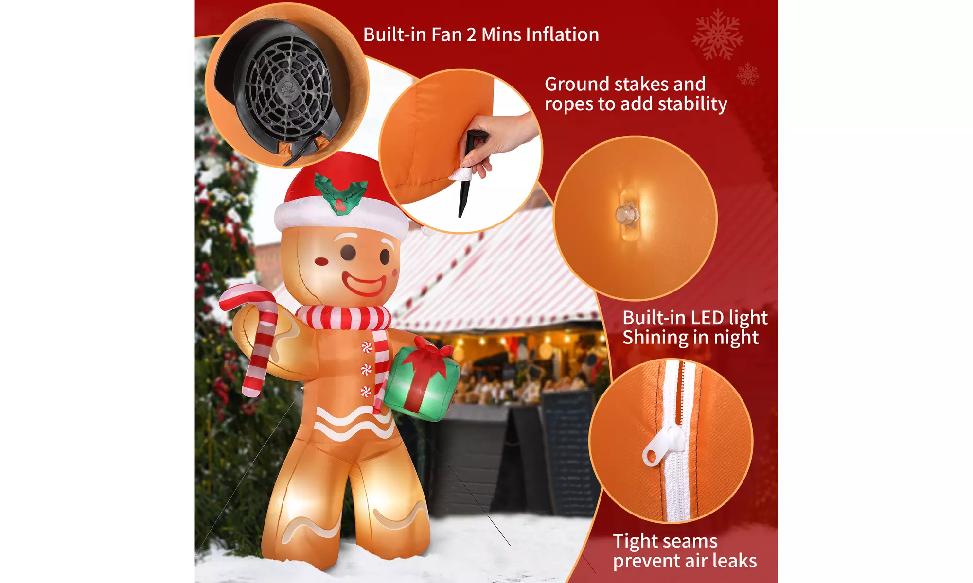 8ft 5 LED Lights Gingerbread Man Holding Gift Garden Gingerbread Man Decoration