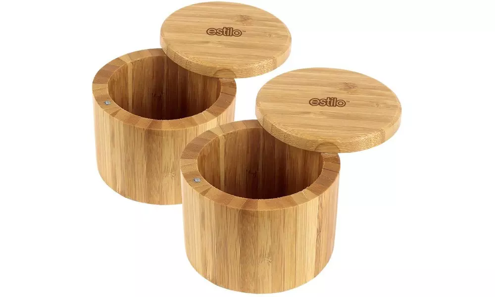 Estilo 100% Natural Bamboo Salt and Spice Box with Lid Set 2, Bamboo - Second Medium