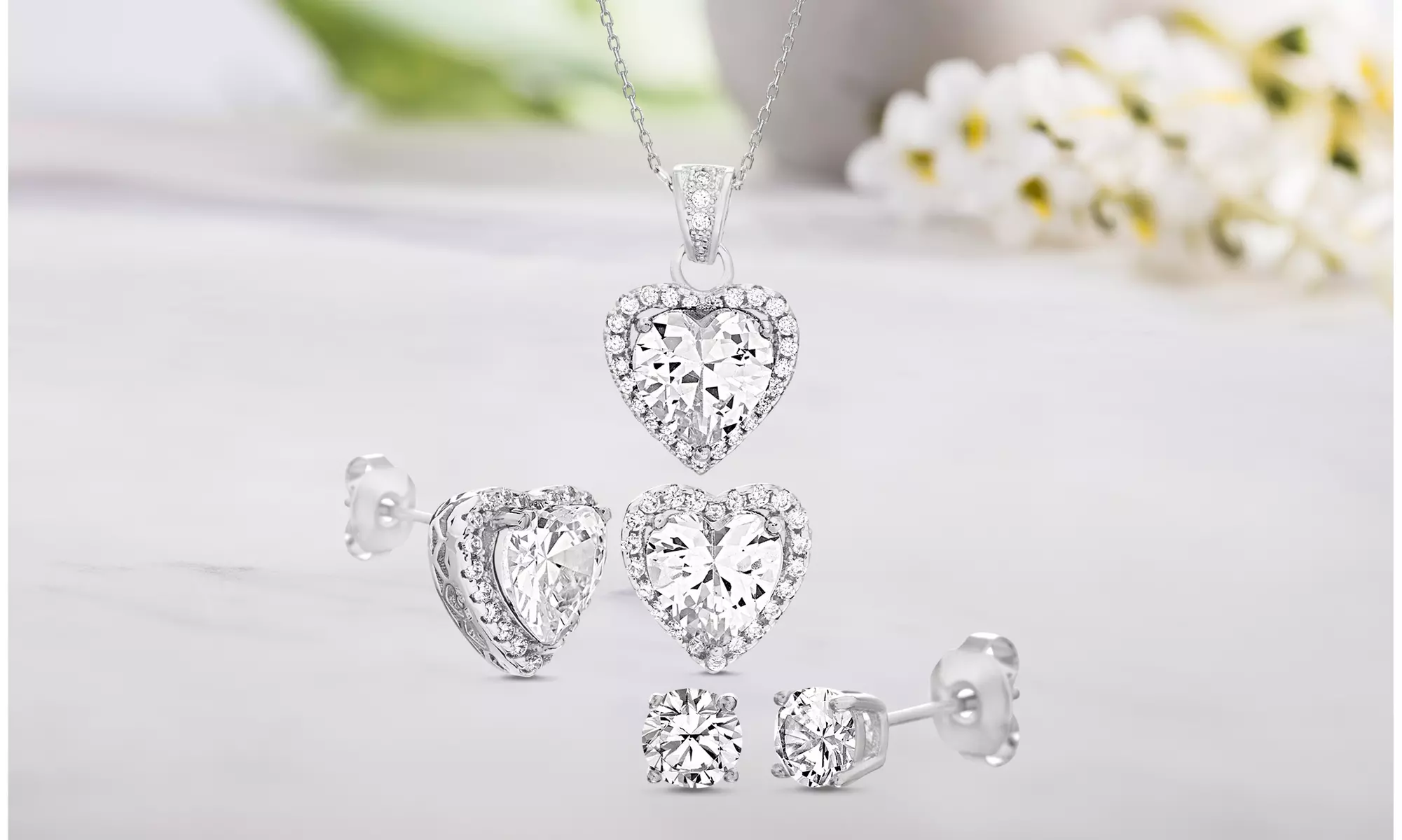 Lesa Michele Clear CZ Stud and Heart Halo Earring with Heart Pendant Necklace - Second Medium