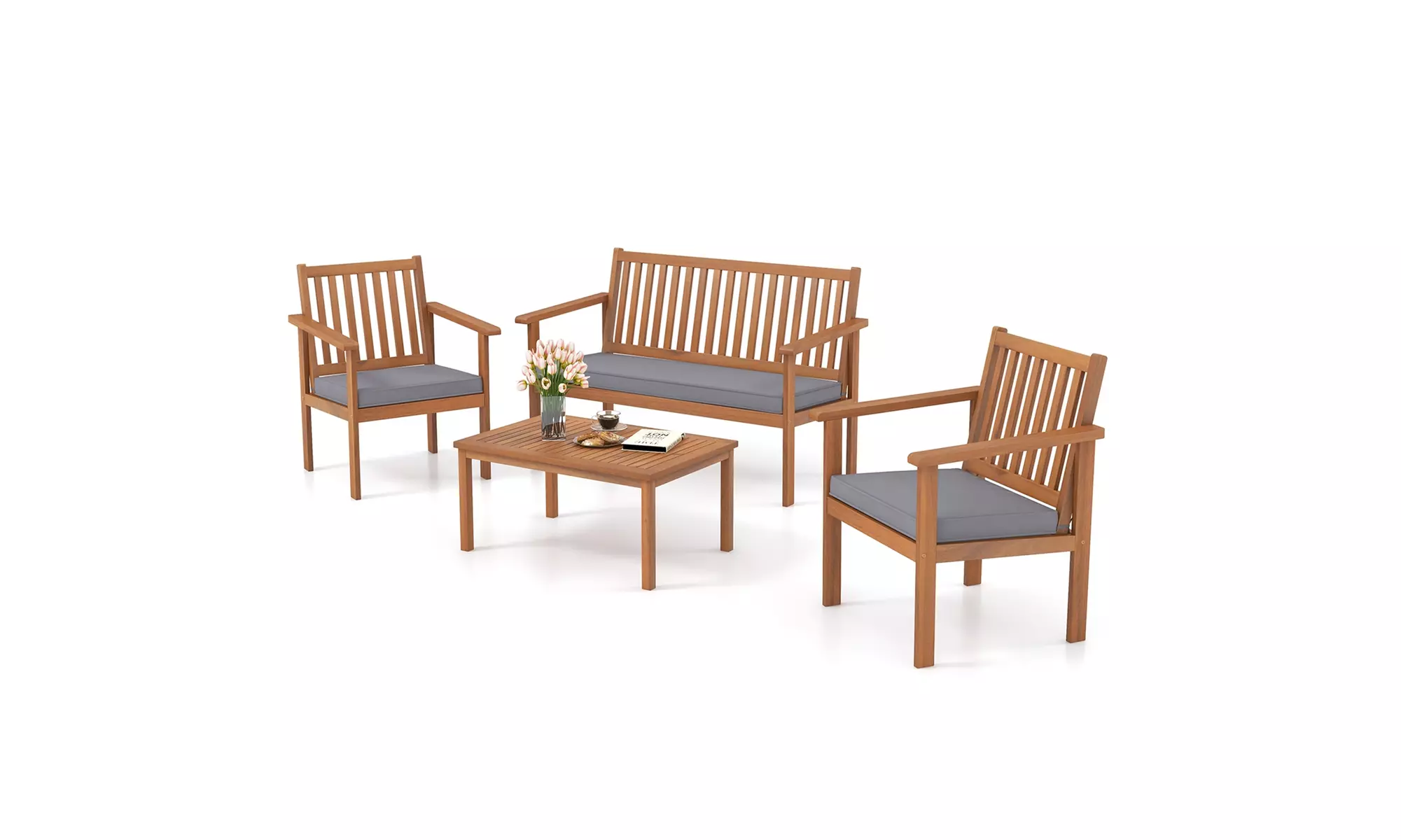 Costway 4 PCS Patio Wood Furniture Set with Loveseat, 2 Chairs & Coffee Table