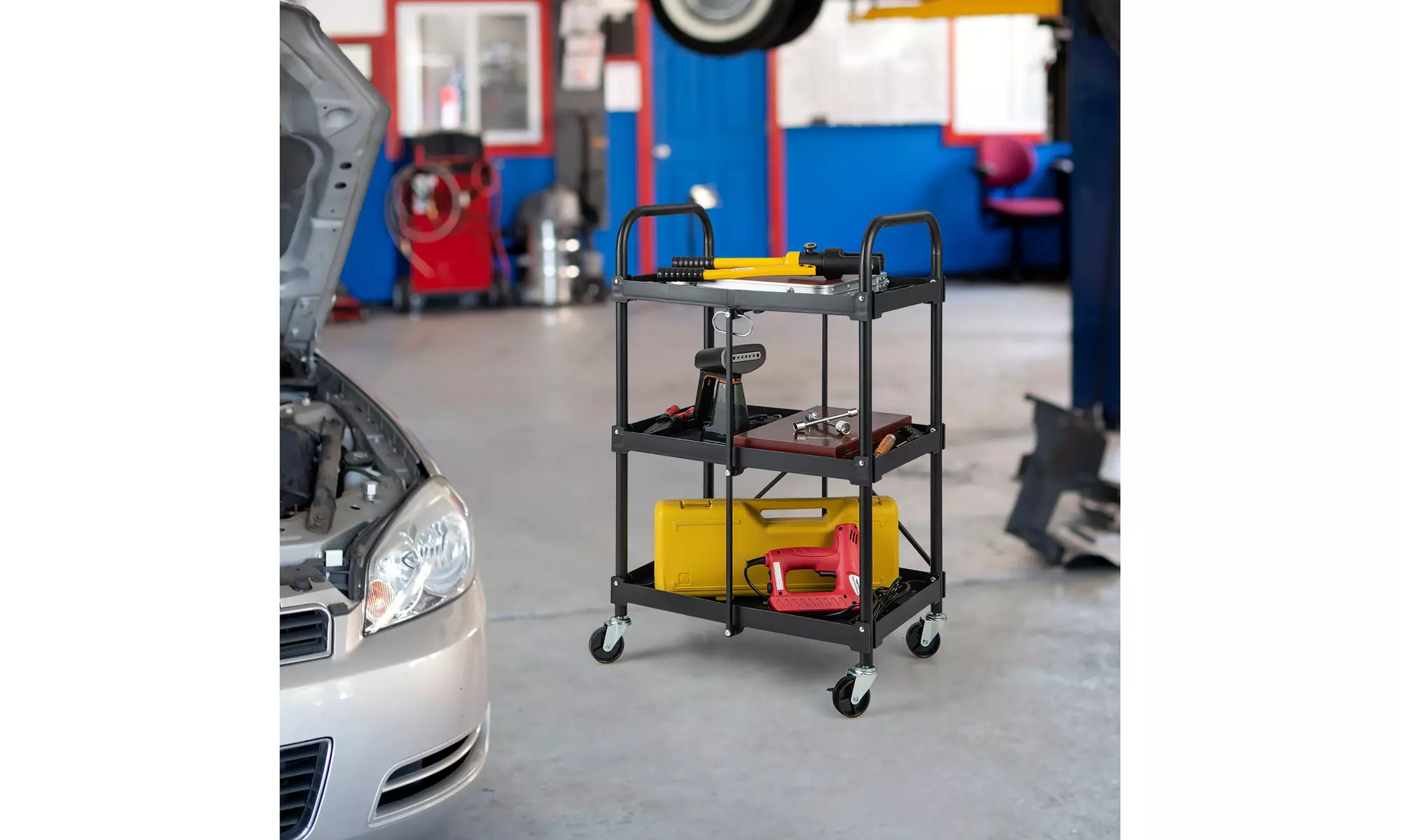Costway Folding Collapsible Service Cart Heavy-Duty 3-Shelf Tool Cart 4 Wheels - Second Medium