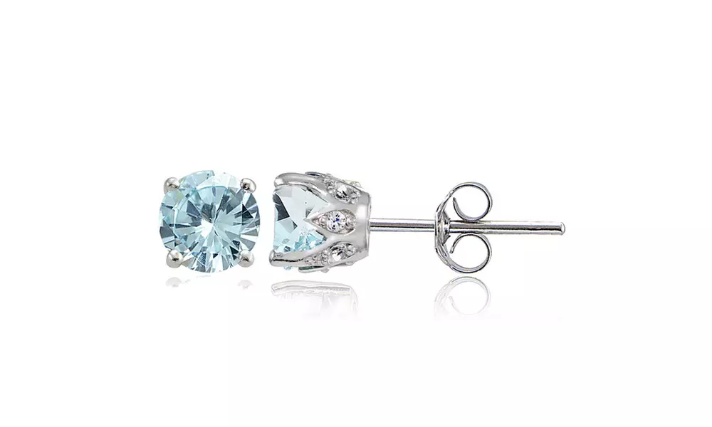 Light Aquamarine and White Topaz Round Crown Stud Earrings in Sterling Silver - Primary Image