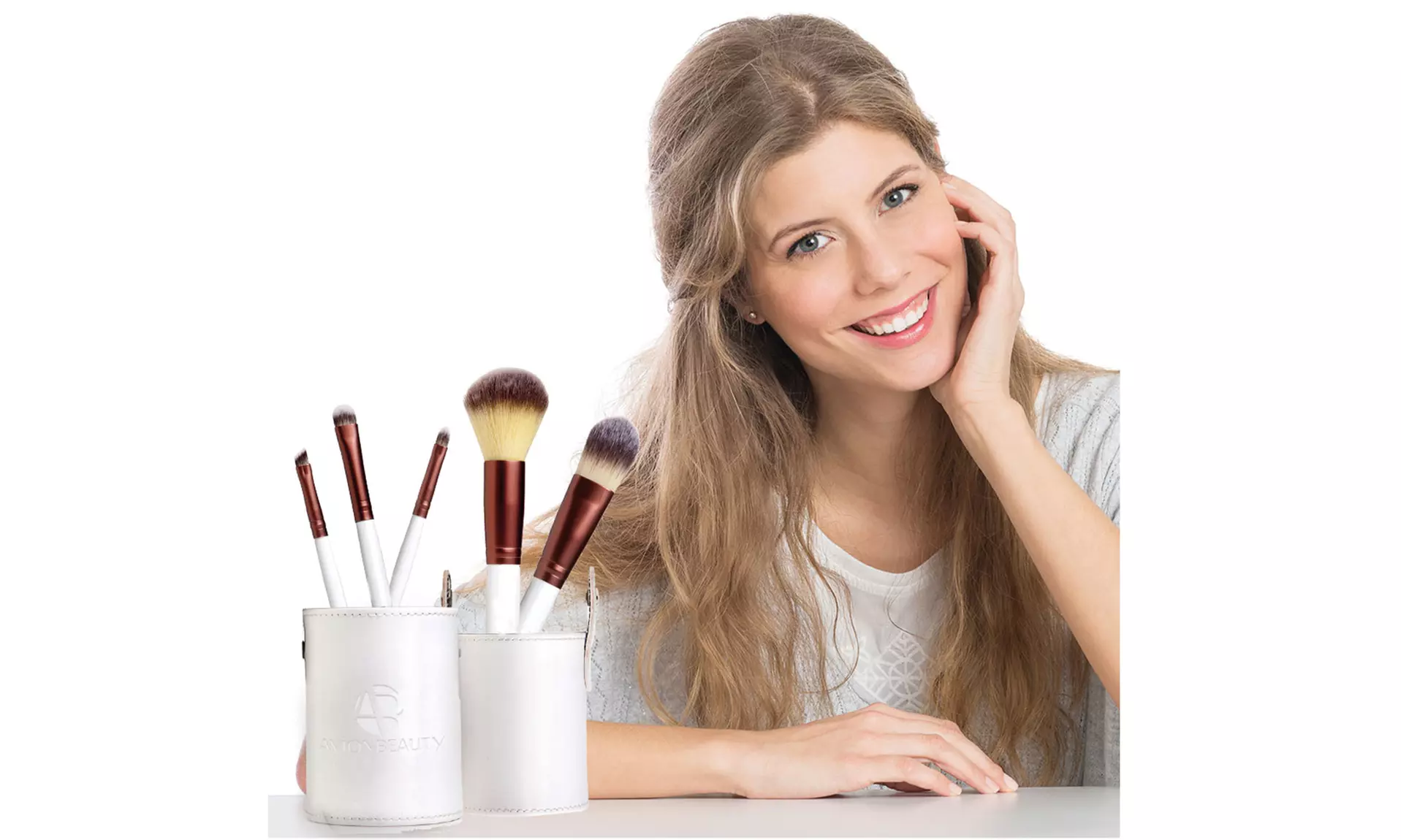 Elegant Makeup Brushes Set with White Leather Standing Case - 5 Piece  - Primary Image