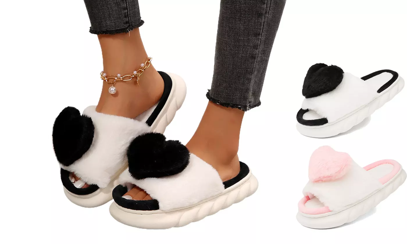 Women's Heart Shaped Plush Open Toe Slippers - Primary Image