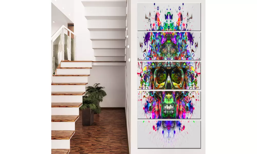 Skull with Glasses and Paint Splashes - Abstract Large 5 Panel Metal Wall Art - Primary Image