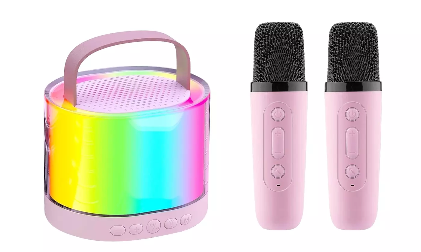 iMounTEK Mini Karaoke Machine with Two Wireless Mics, RGB Lights and Sounds