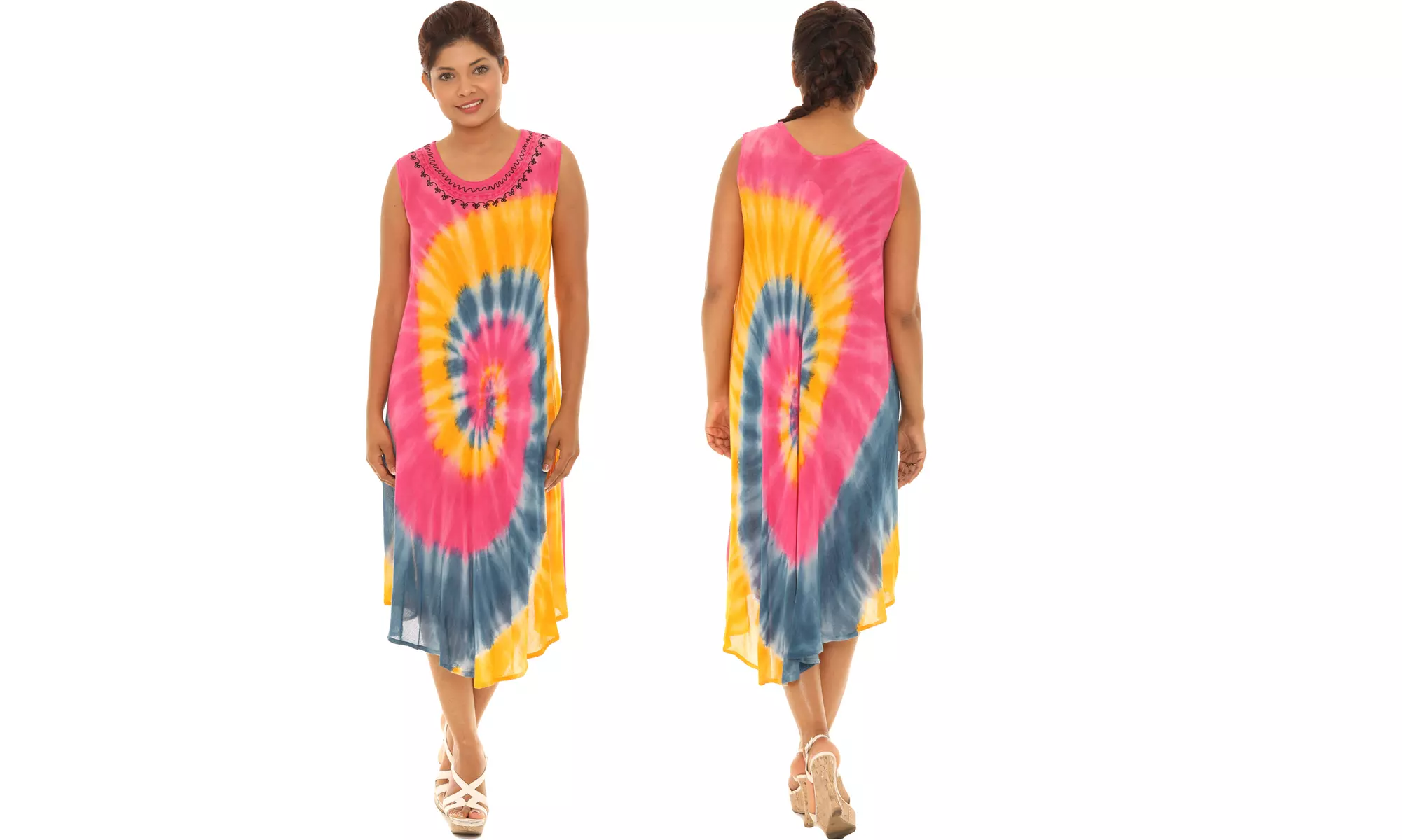 Women's Chevron Stripe Tie Dye Tank Dresses With Embroidered Neckline