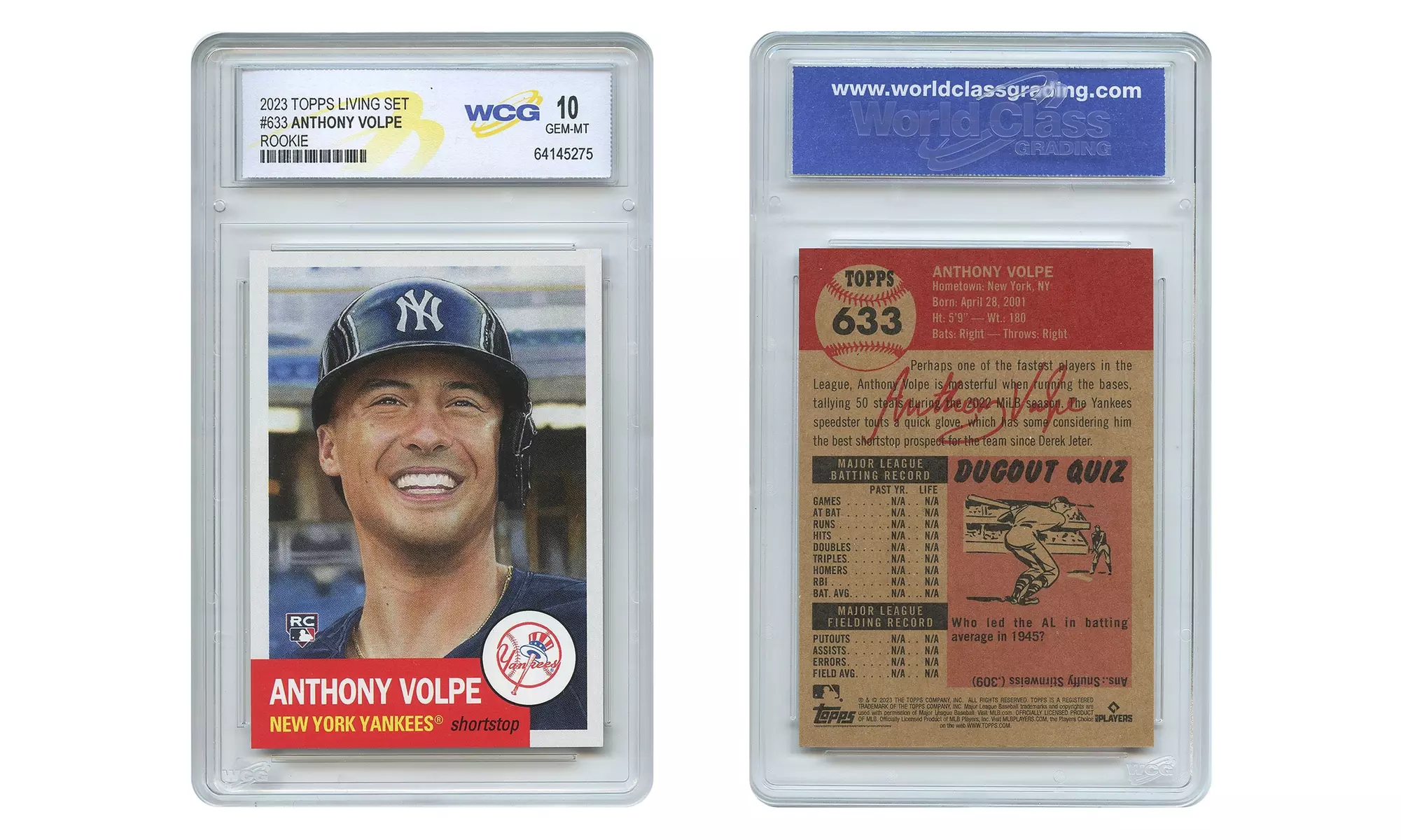 2023 Topps Anthony Volpe New York Yankees Rookie Card #633 - Graded Gem Mint 10 - Primary Image