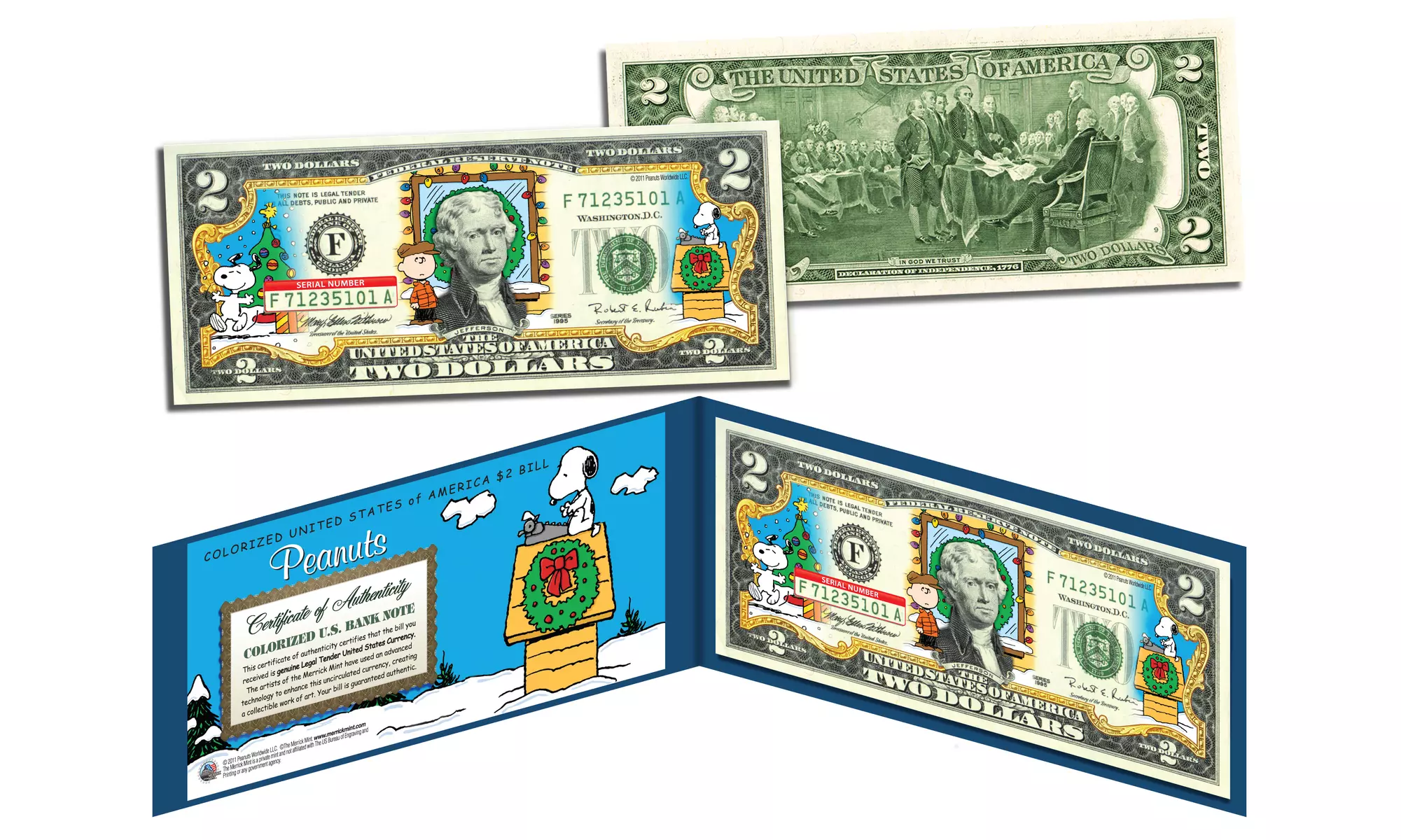 SNOOPY PEANUTS "Merry Christmas" Charlie Brown Real U.S. 2.00 Dollar Bill