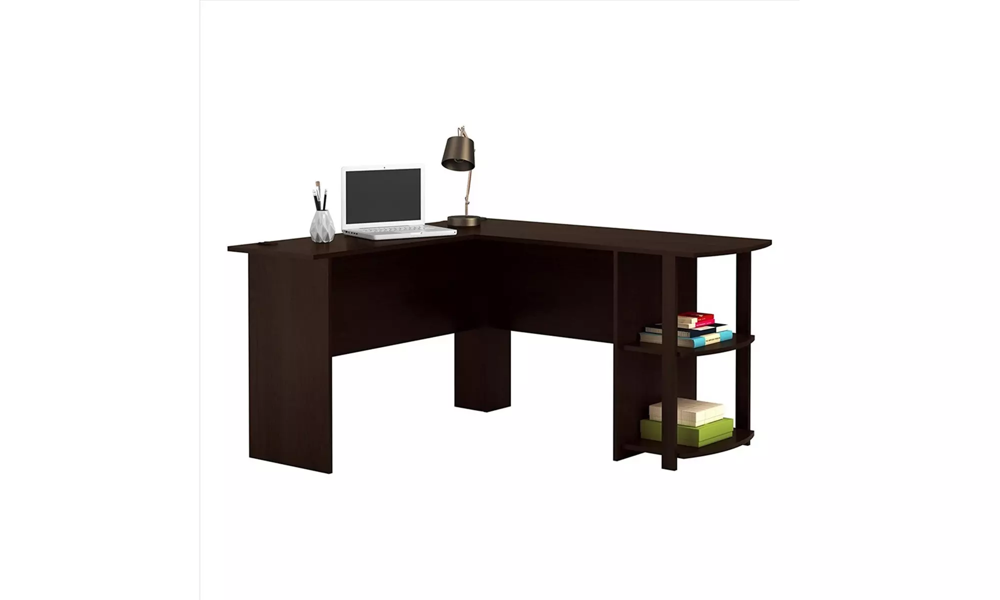 L-Shaped Wood Right-angle Computer Desk with Two-layer Bookshelves Dark Brown - Primary Image