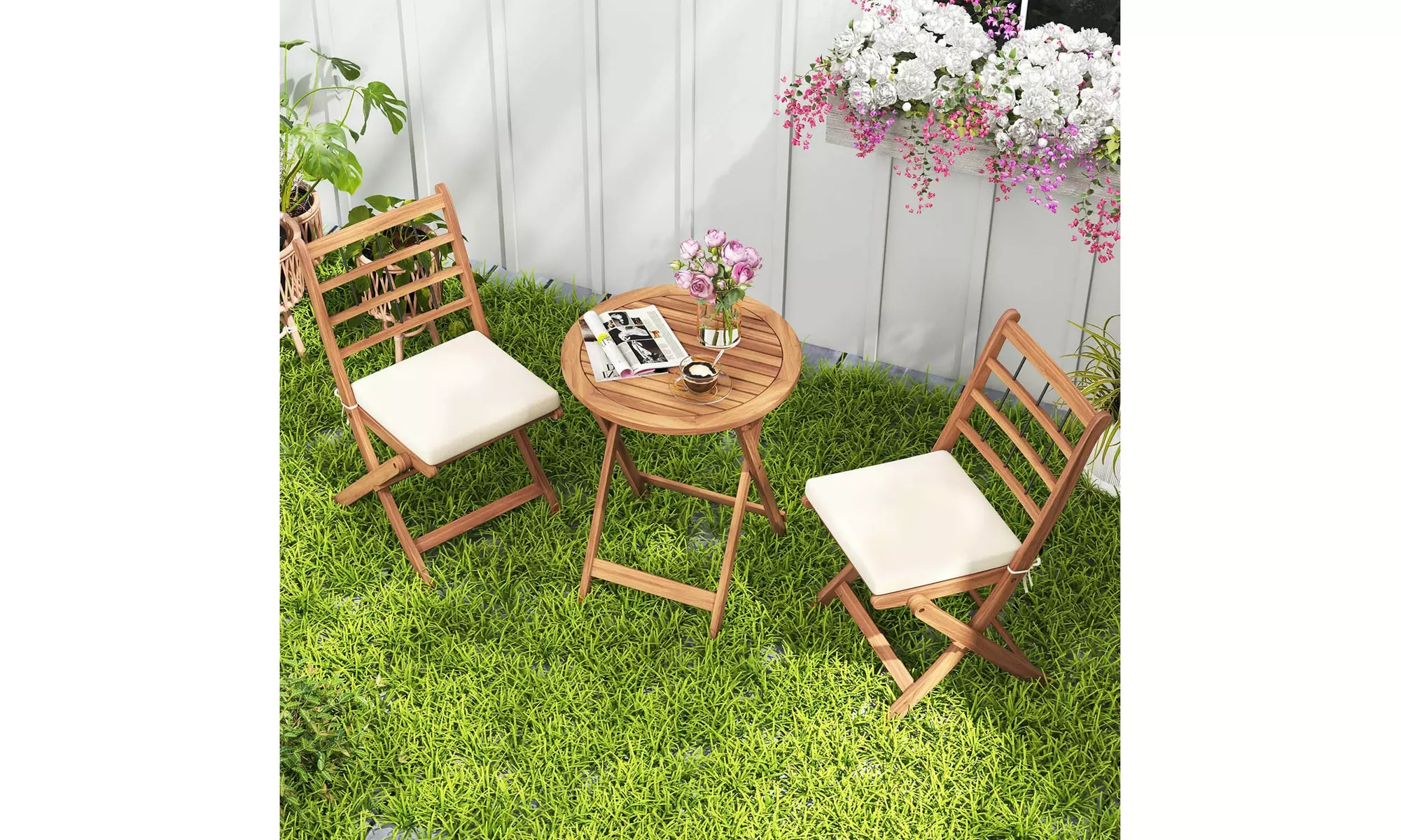Costway 3 PCS Acacia Wood Patio Bistro Set Folding Outdoor Table and Chairs