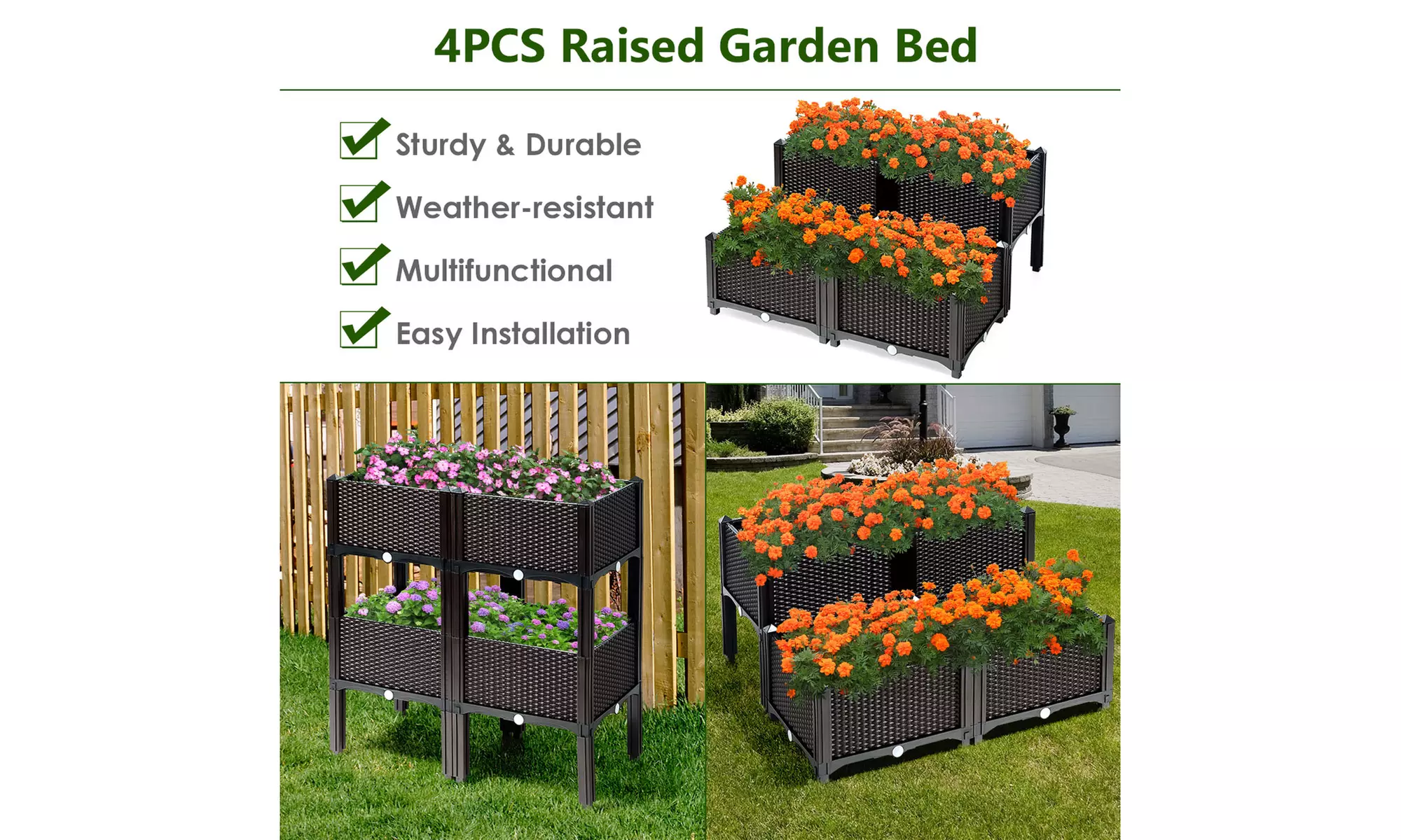 Costway Set of 4 Raised Garden Bed Elevated Flower Vegetable Herb Grow Planter