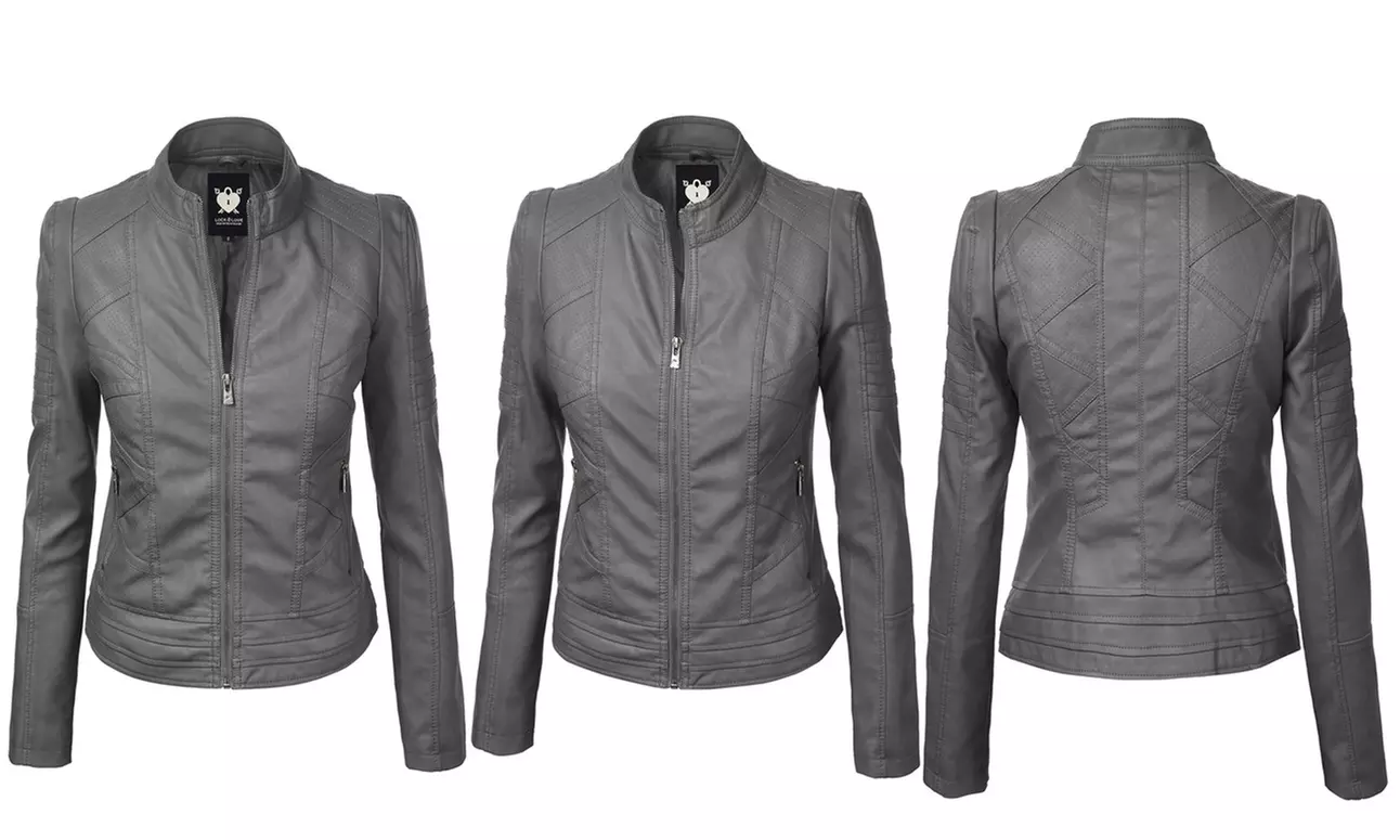 Made By Johnny Womens Faux Leather Zip Up Moto Biker Jacket