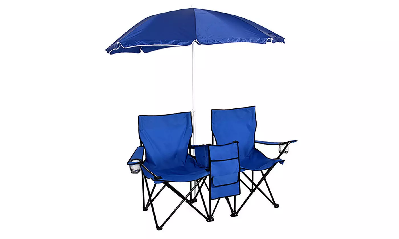 3-Piece Patio Set Picnic Beach Umbrella Folding Chair set w/ Table Cooler - Primary Image
