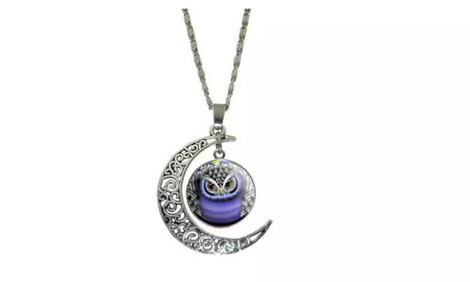 Silver Plated Moon Owl Glass Pendant Necklace - Primary Image