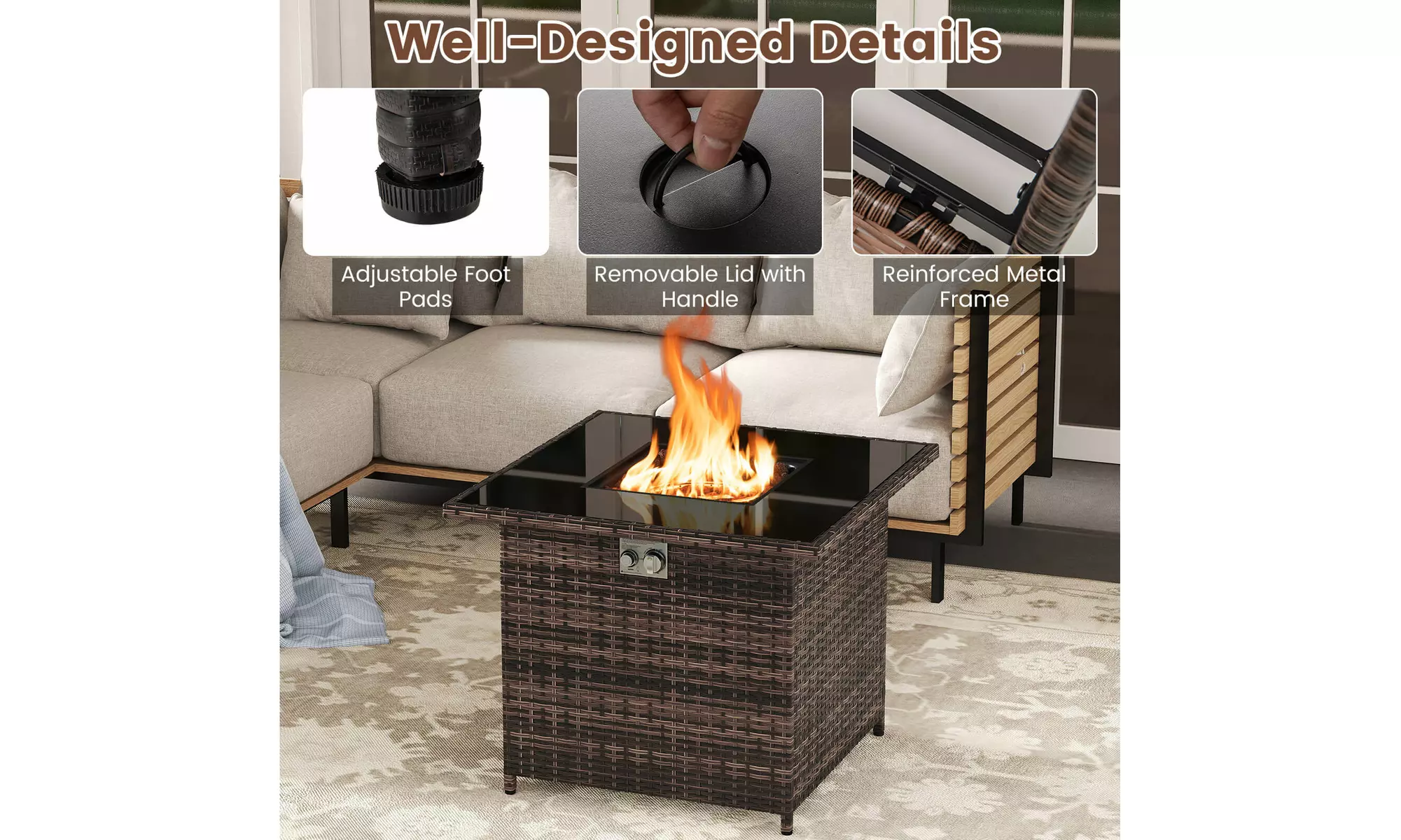 Costway Propane Fire Pit Table with Metal Slatted Tabletop & Steel Burner