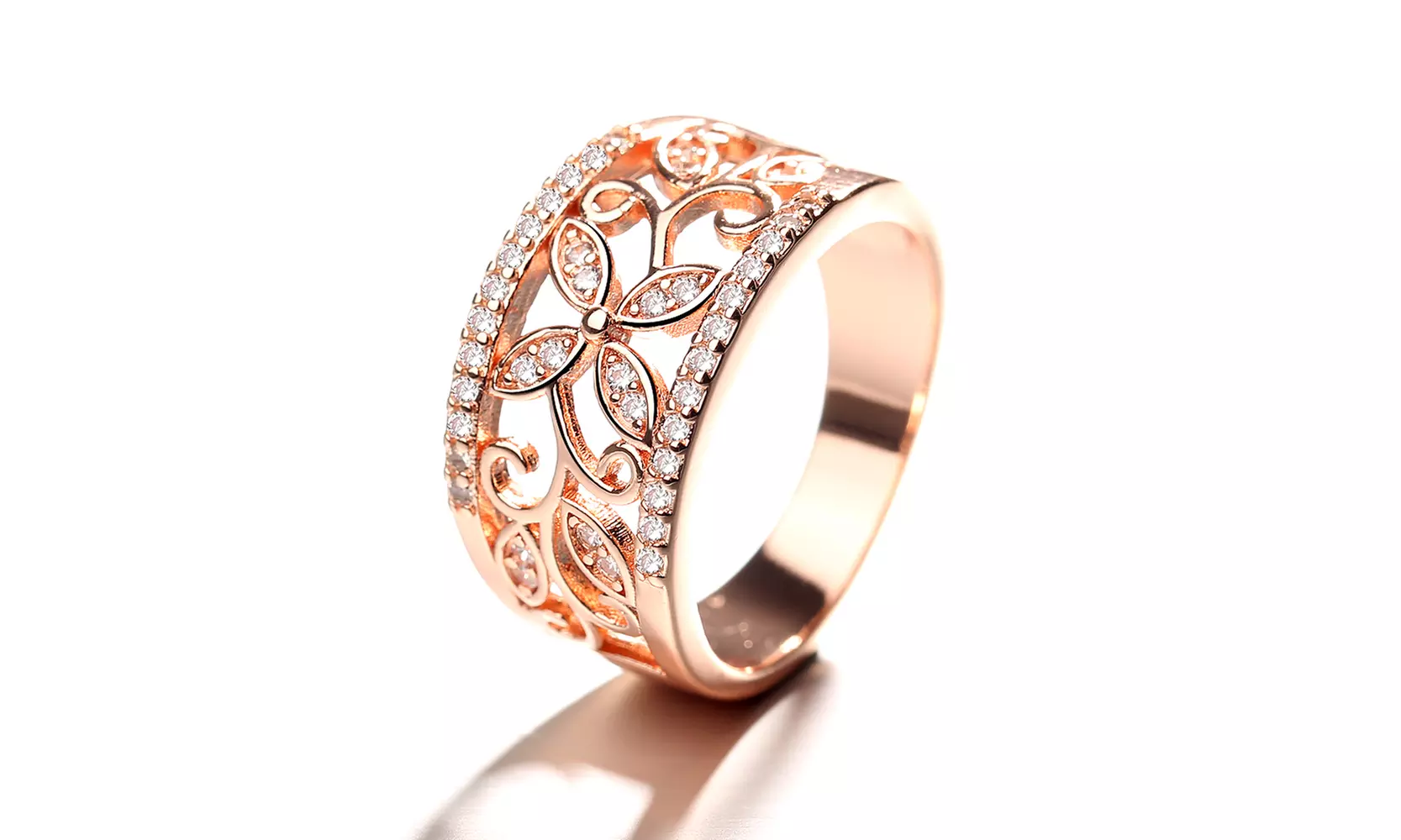 18K Rose Gold Ring with Preciosa Crystals Floral-Motif Eternity Band - Primary Image