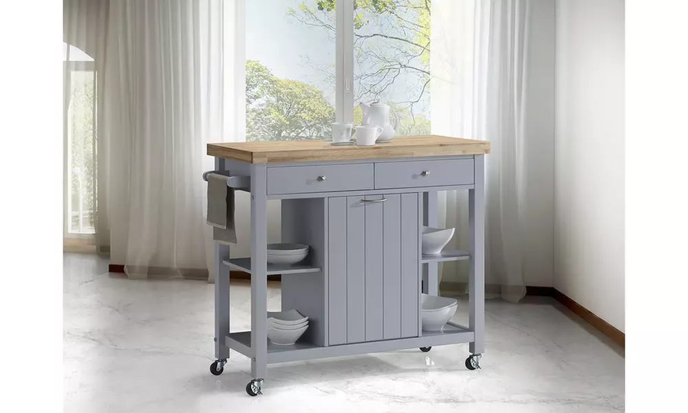 Hayward Natural and Light Grey 2.25 Inch Thick Top Kitchen Cart with Trash Can - Second Medium