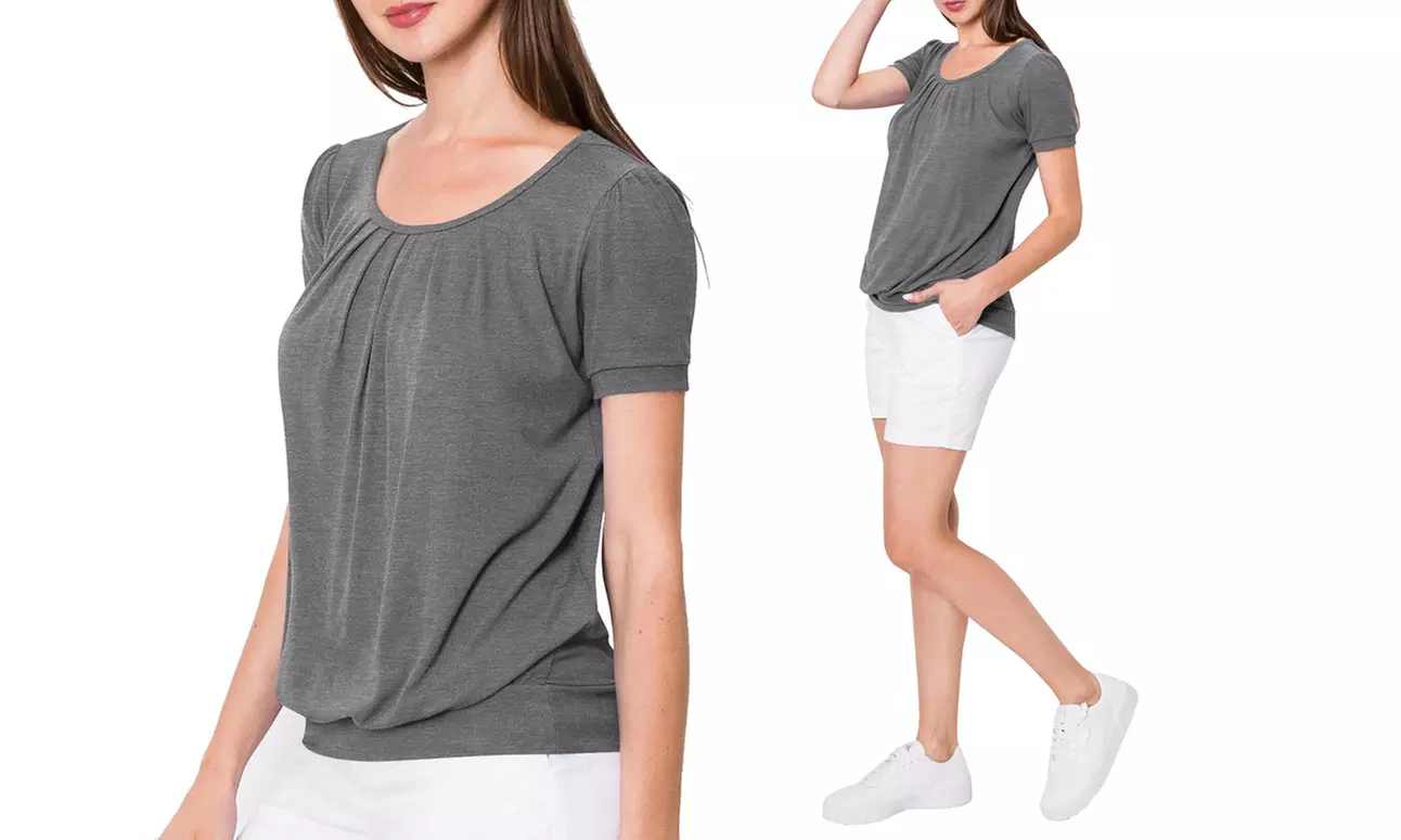 Made by Johnny Women's Scoop Neck Short Sleeve Front Pleated Blouse