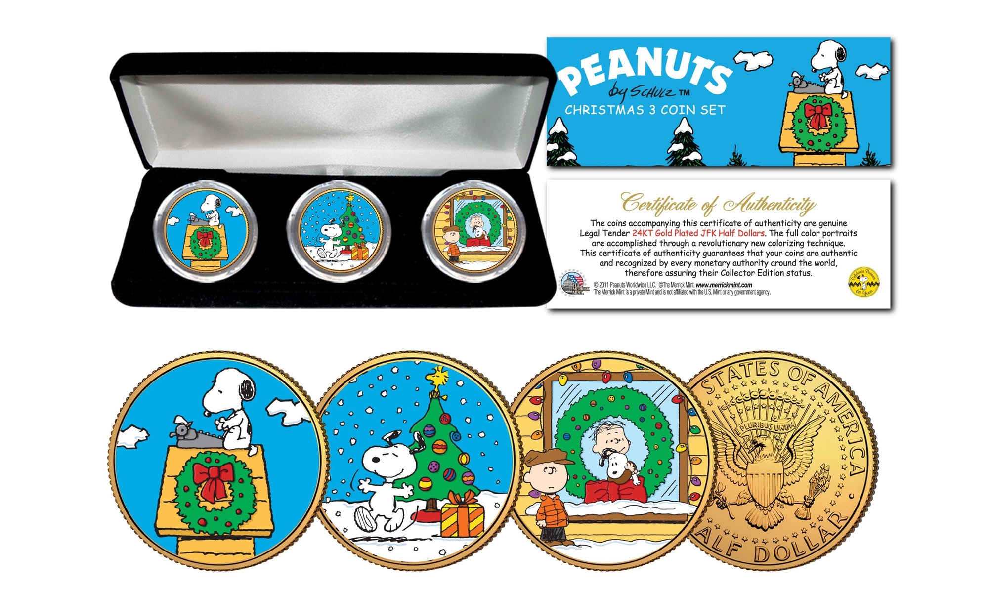 Peanuts Christmas 24K Gold JFK Half Dollar 3-Coin Set Charlie Brown Snoopy BOX