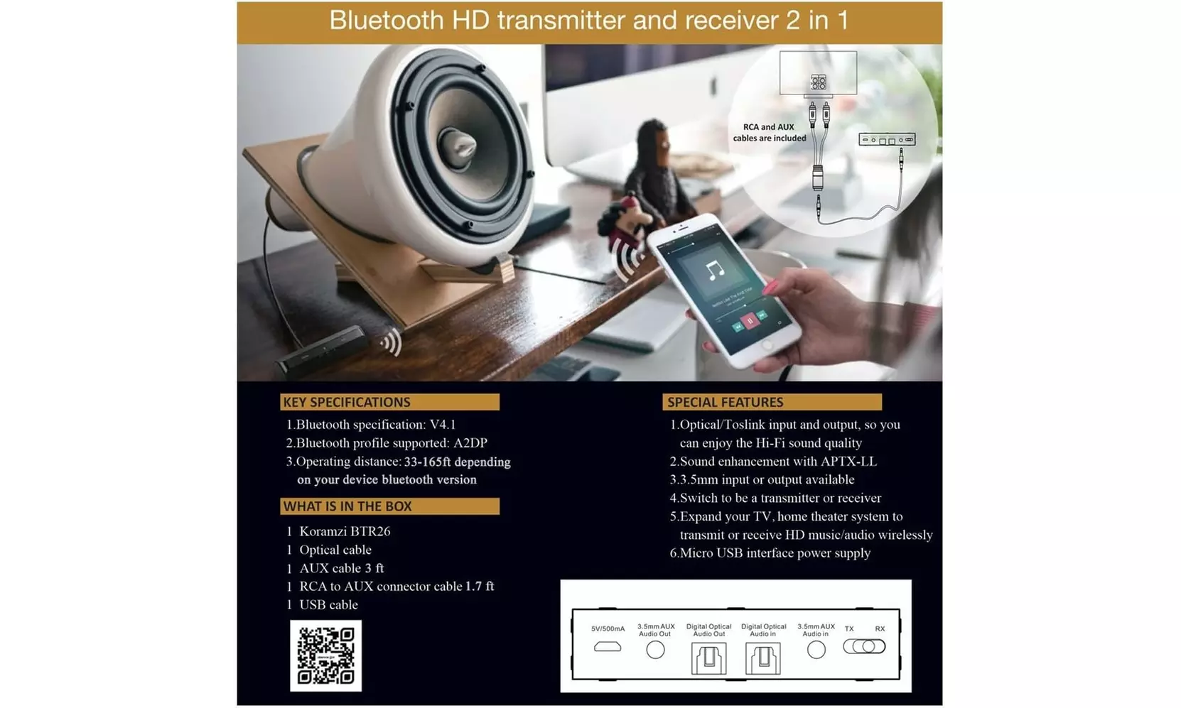 KORAMZI BTR26 Bluetooth HD Transmitter and Receiver 2 in 1 Black- Refurbished