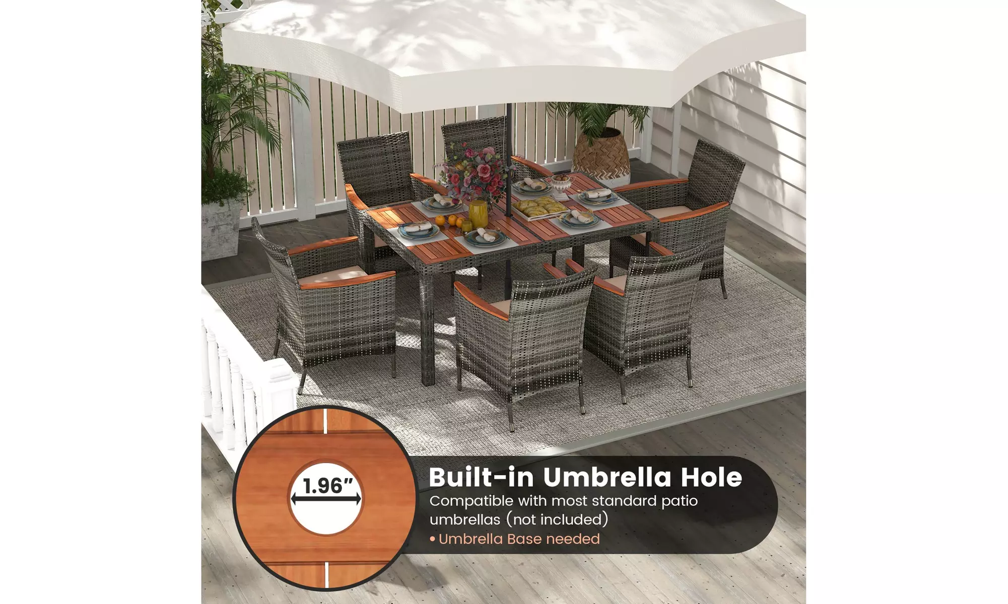 Costway 7 Pieces Outdoor Wicker Dining Set with Acacia Wood Table and 6 Chairs