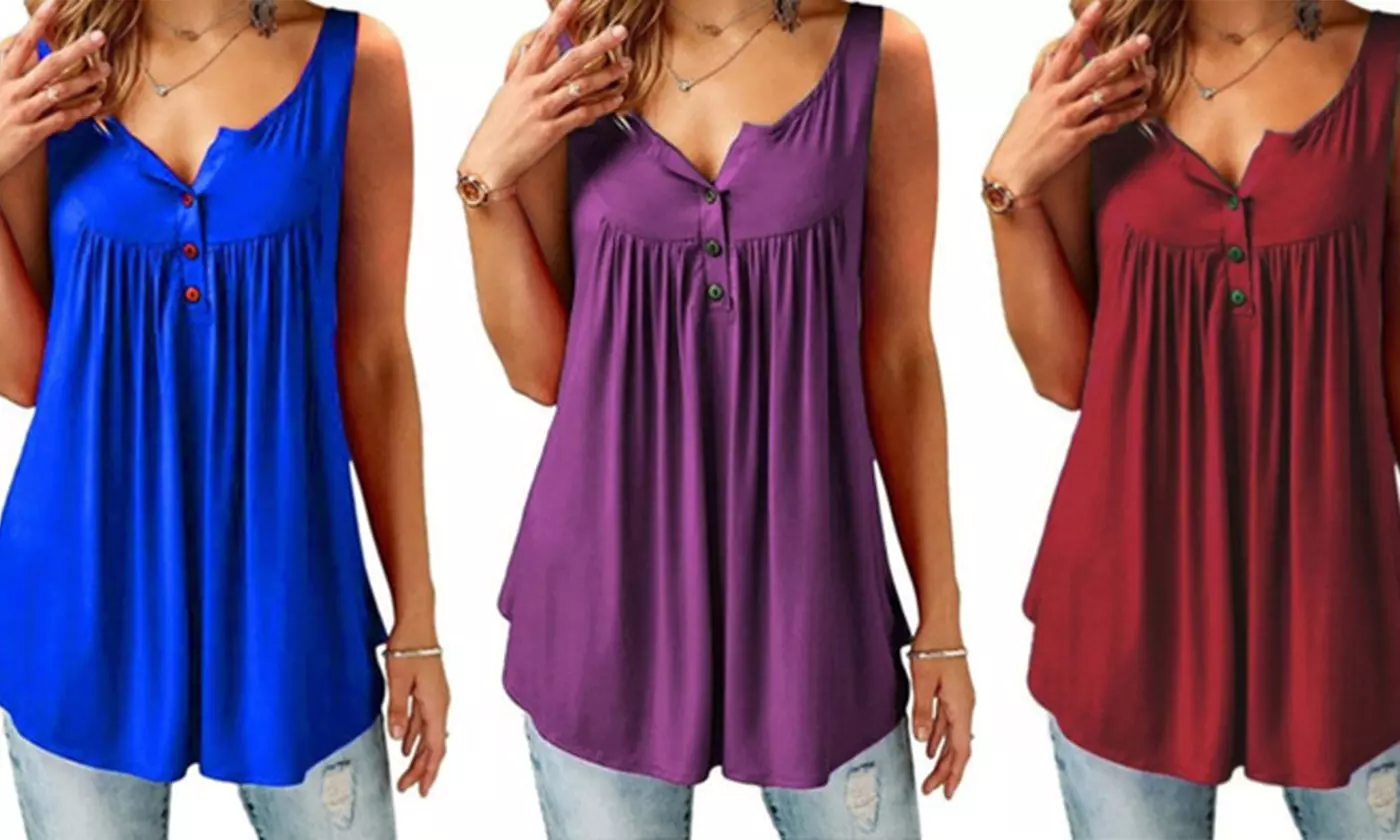 Women's Summer Solid Color Pleated Sleeveless Casual T-shirt Button Vest - Primary Image